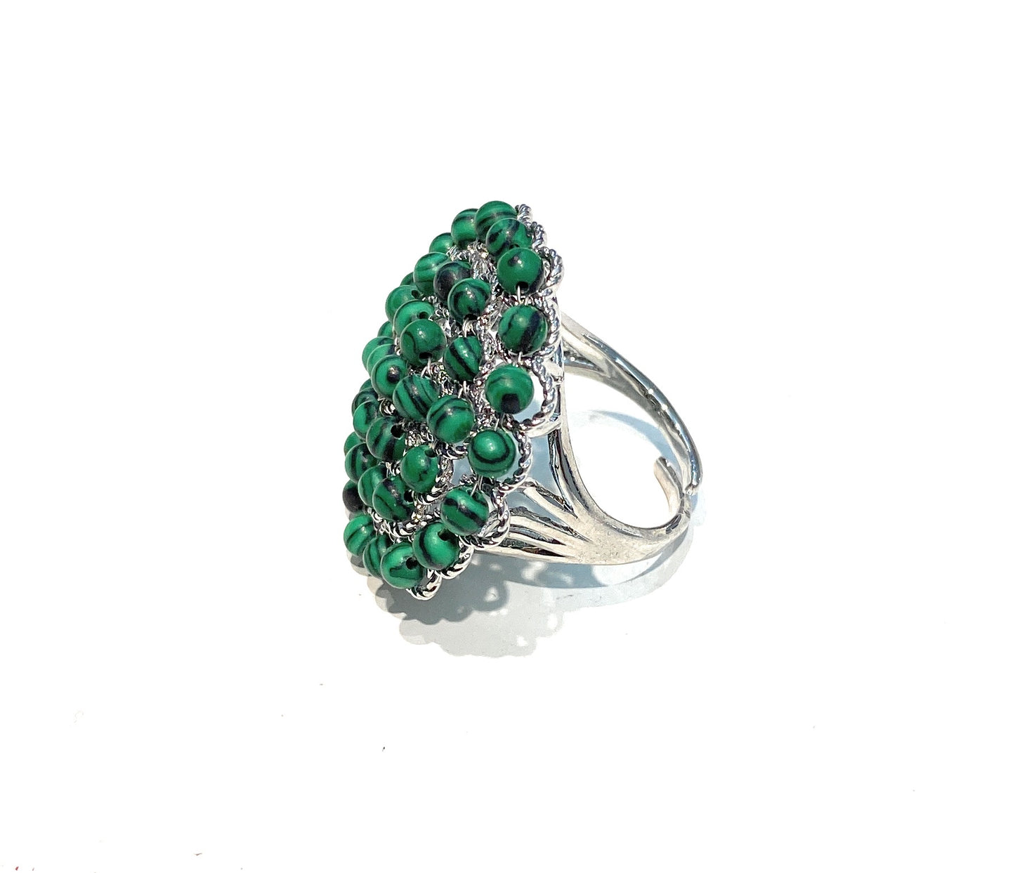 Anello Cocktail Malachite Regolabile – Bronzo Galvanizzato Rodio – diWa Jewels