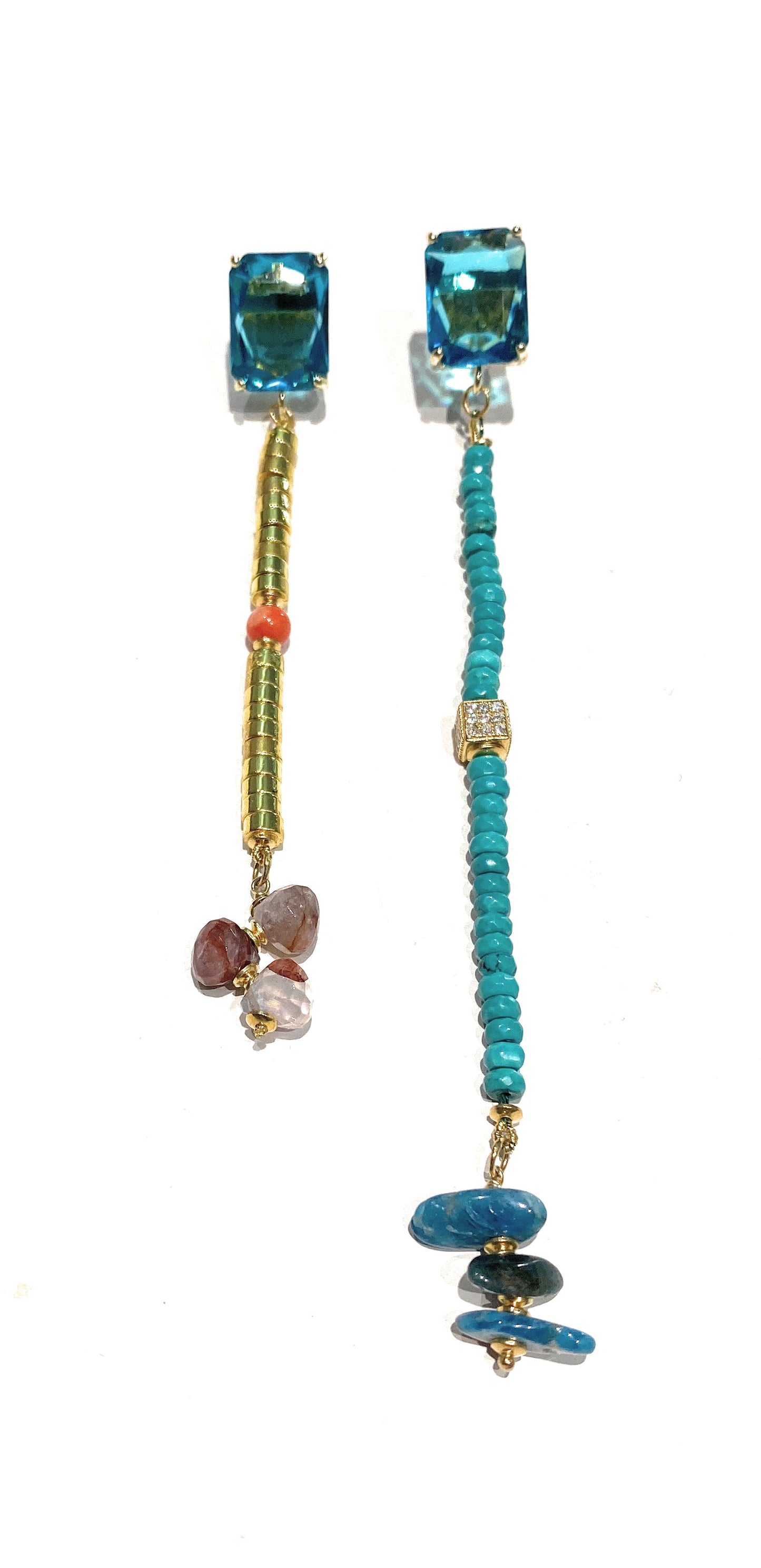 Orecchini cristallo azzurro ematite gold conchiglia arancio turchese rondelle in argento sterling