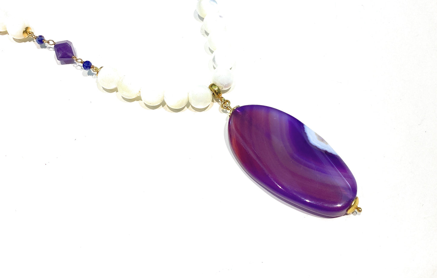 Collana con Madreperla e Agata Striata Viola – Pendente Ametista e Pietre Dure – Argento 925