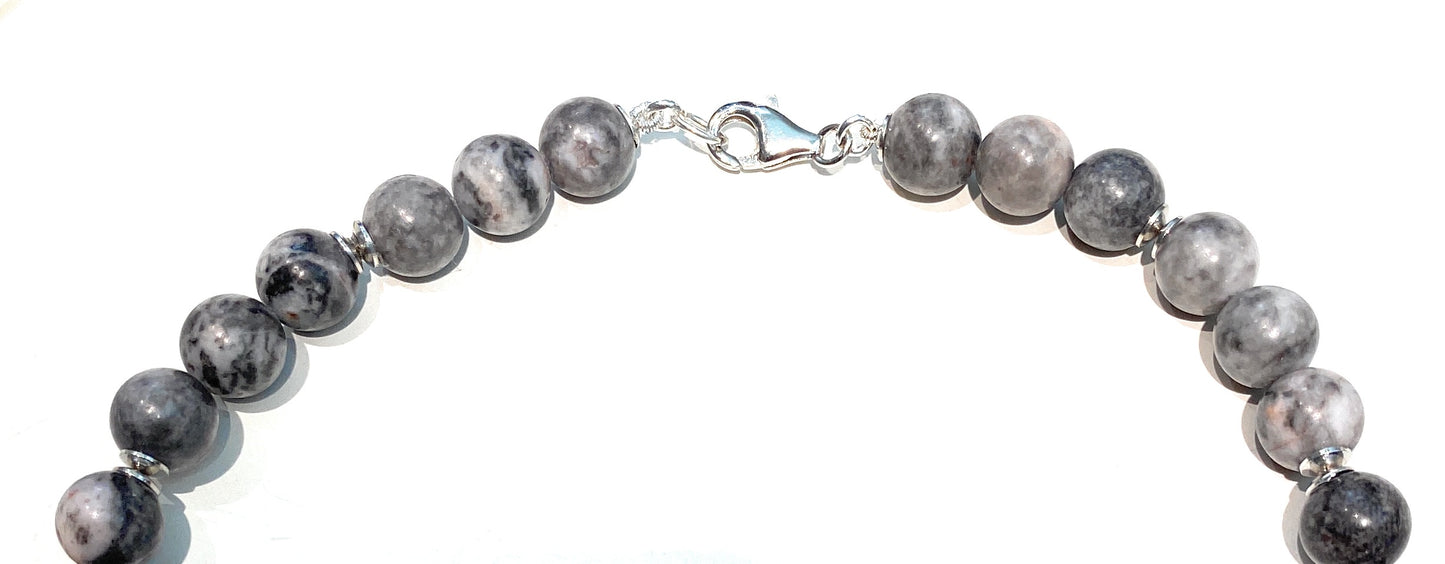 Collana diaspro rosa zebrato mm 8 onice satinato argento sterling rodio bianco