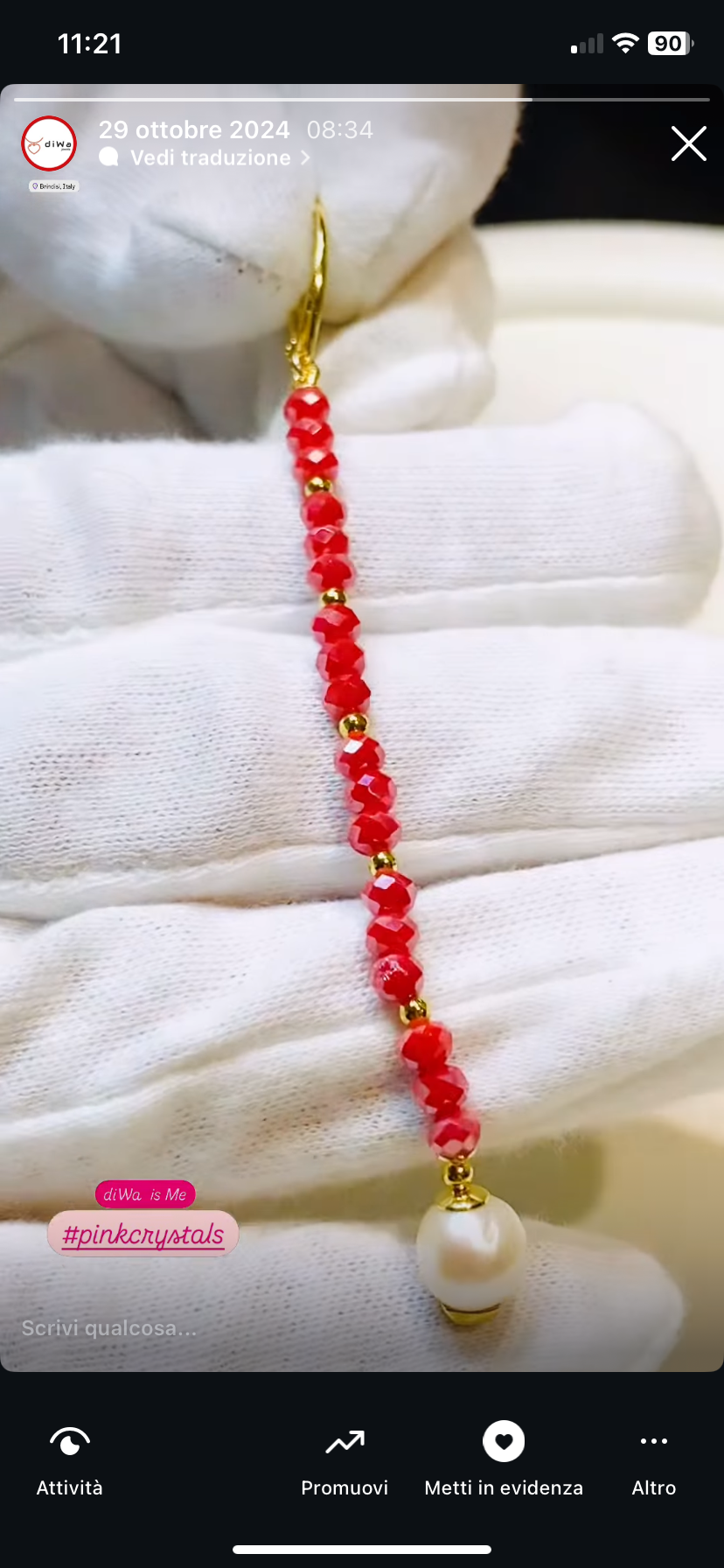 Mono orecchino pendente a filo cristalli rossi perla bianca Maiorca monachella argento sterling placcato oro giallo