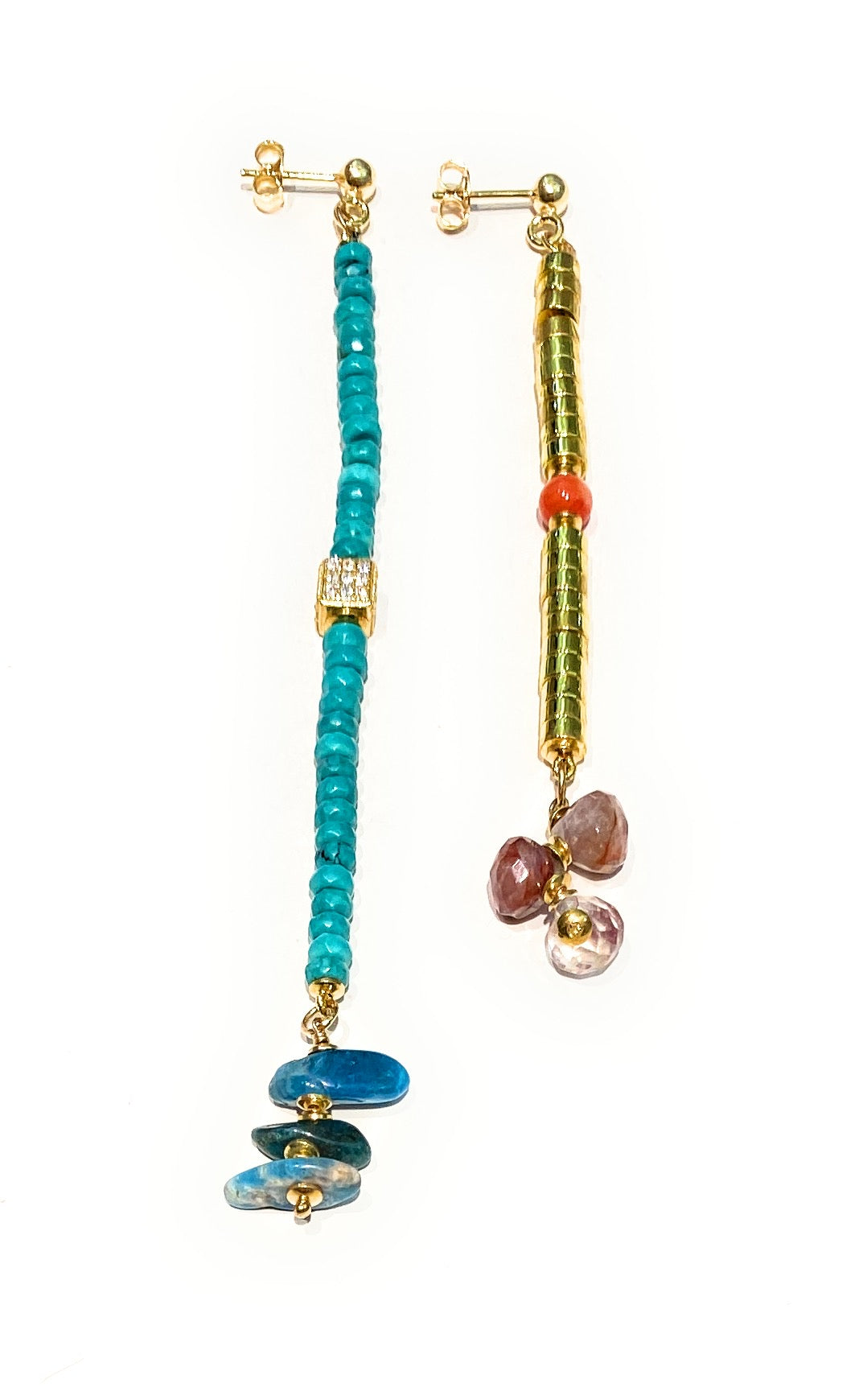 Orecchini pendenti a filo ematite gold conchiglia arancio turchese rondelle in argento sterling