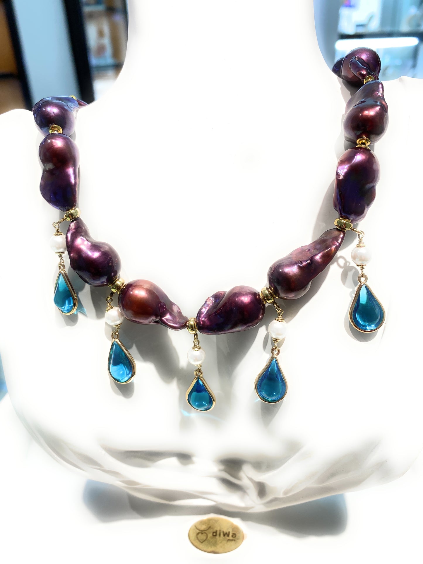 Collana perle barocche viola charms gocce cristalli azzurri perle ematite gold