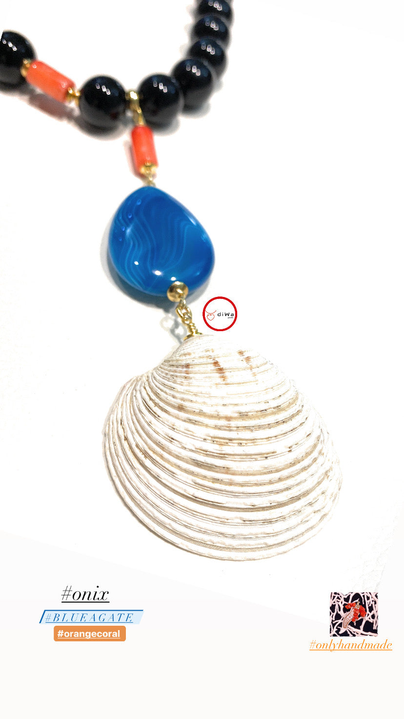 Collana diWa Jewels Onice Choker con Pendente Corallo bamboo Arancio Goccia Agata Striata azzurra argento sterling placcato oro giallo