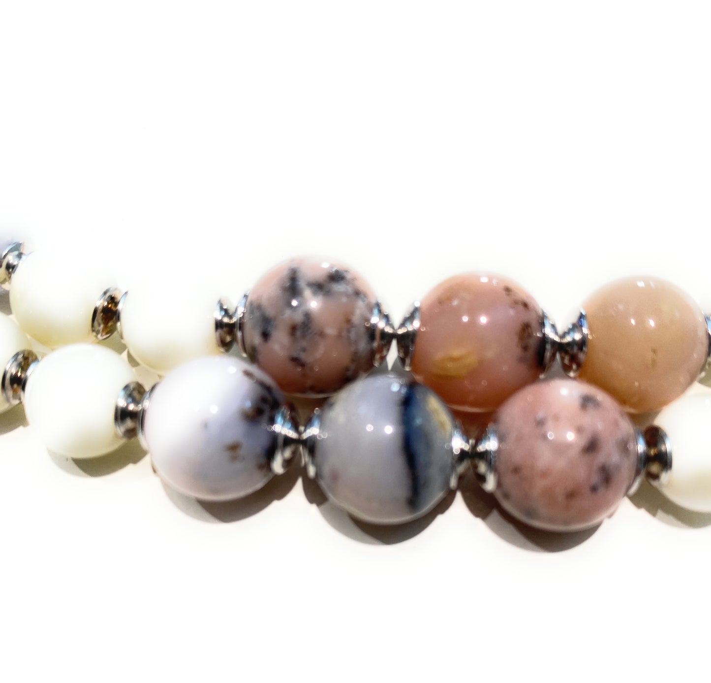 Collana madreperla opale rosa e giada berillo morganite in argento sterling pezzo unico