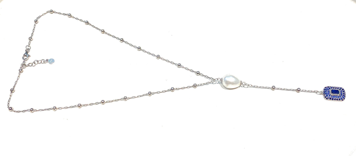 Collarino Rosario in Argento Sterling con Zirconi e Perla di Maiorca – diWa Jewels ciondolo Zircone tipo Zaffiro Blu