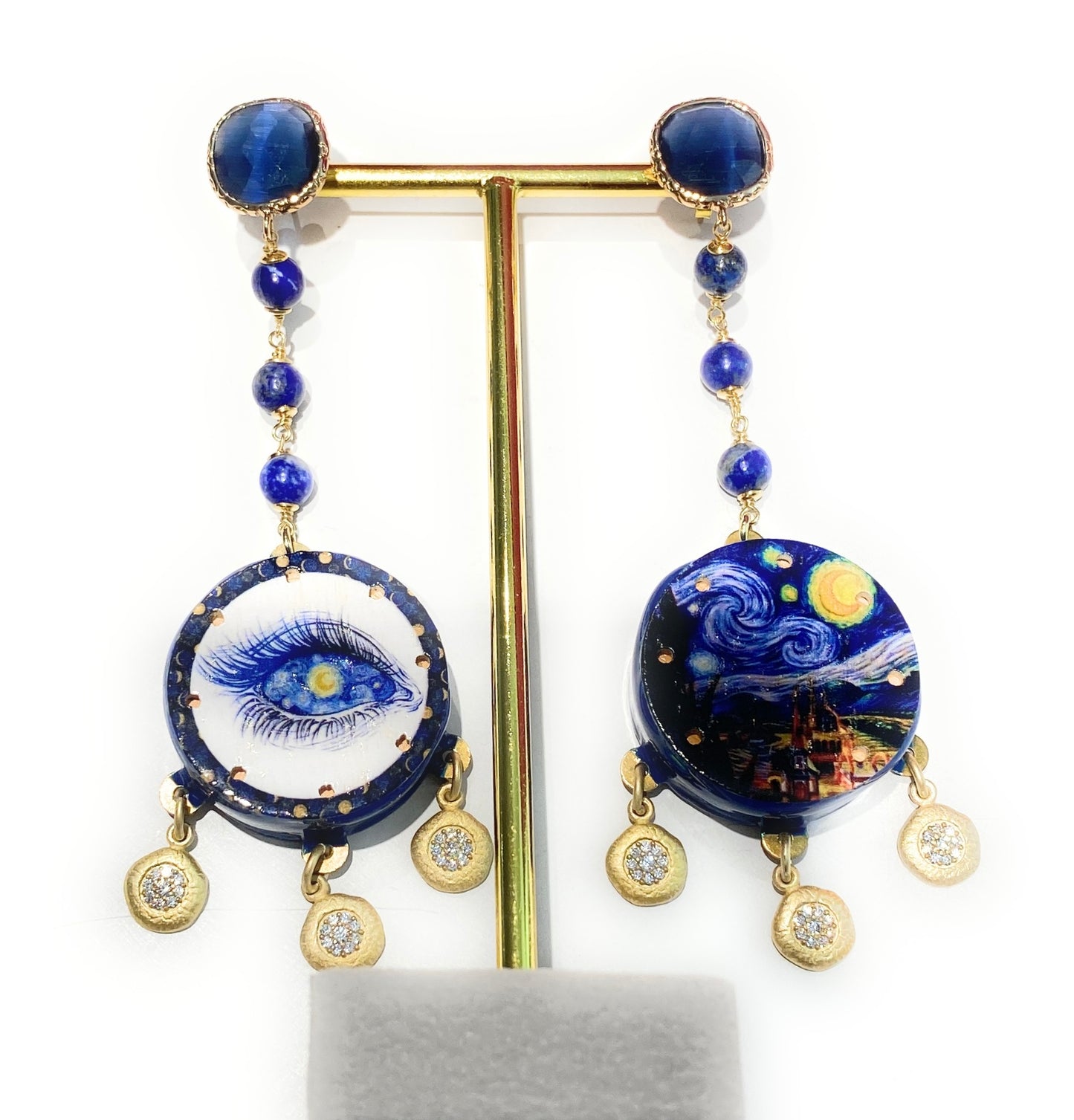 Orecchini tamburello smalto blu charms bollatine argento sterling e zirconi