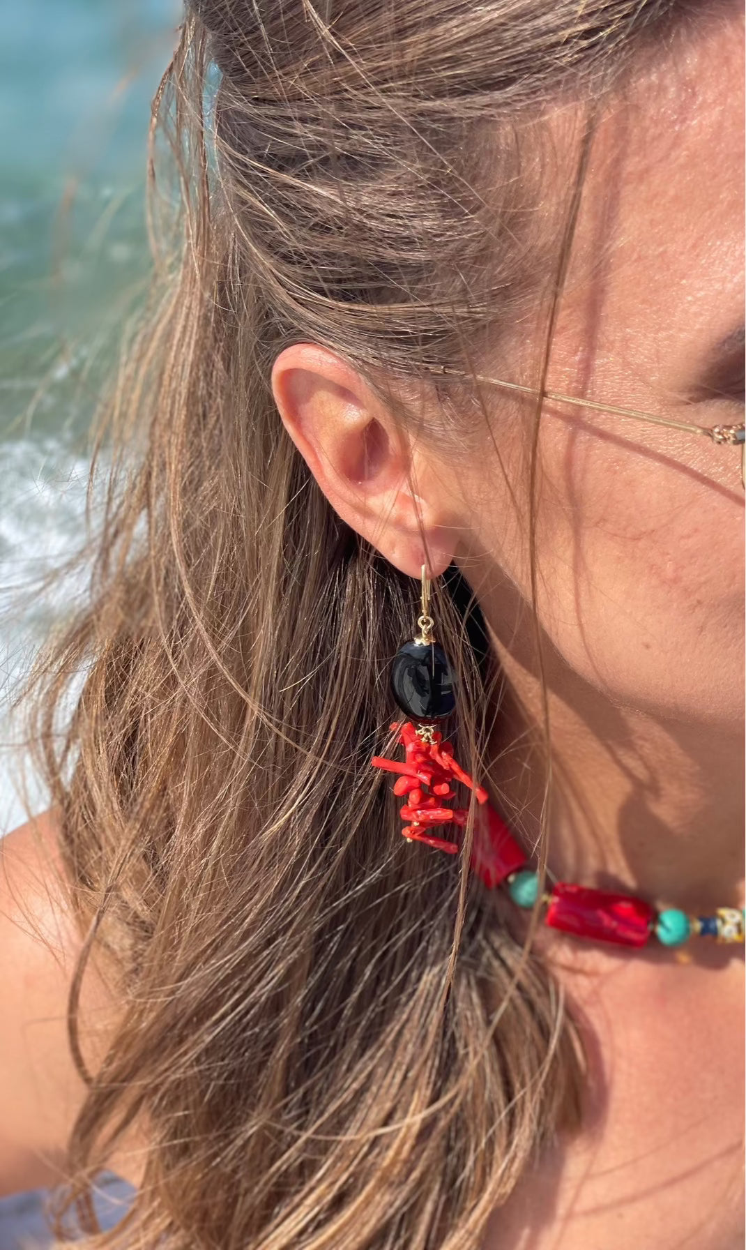 Orecchini onice corallo rosso italiano in argento sterling