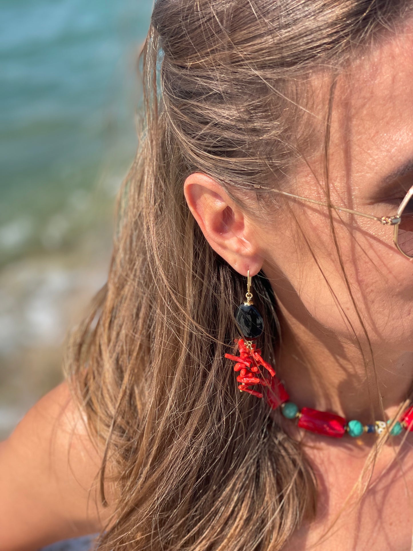 Collana tipo choker con corallo rosso bamboo agata verde e argento sterling