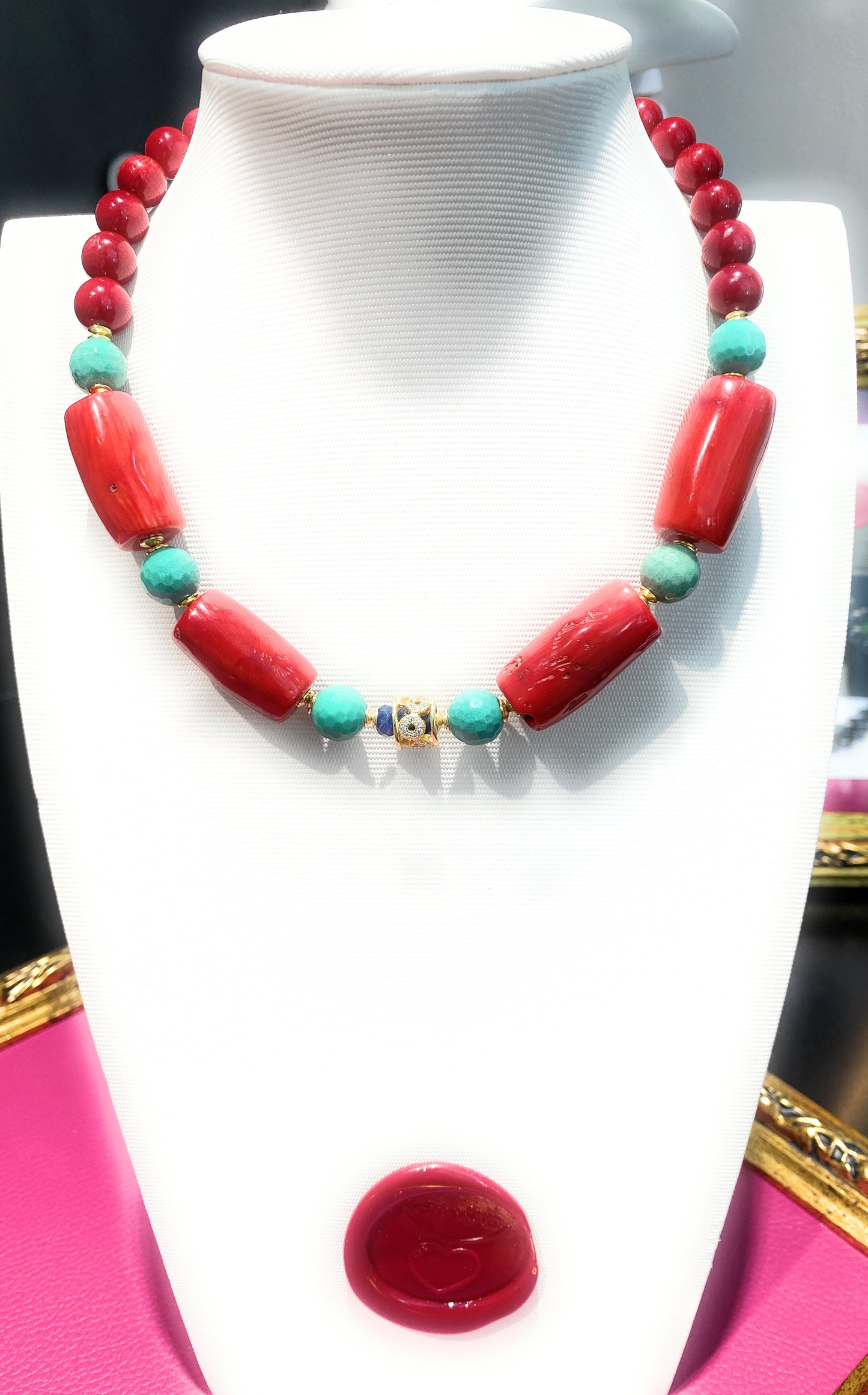 Collana tipo choker con corallo rosso bamboo agata verde e argento sterling