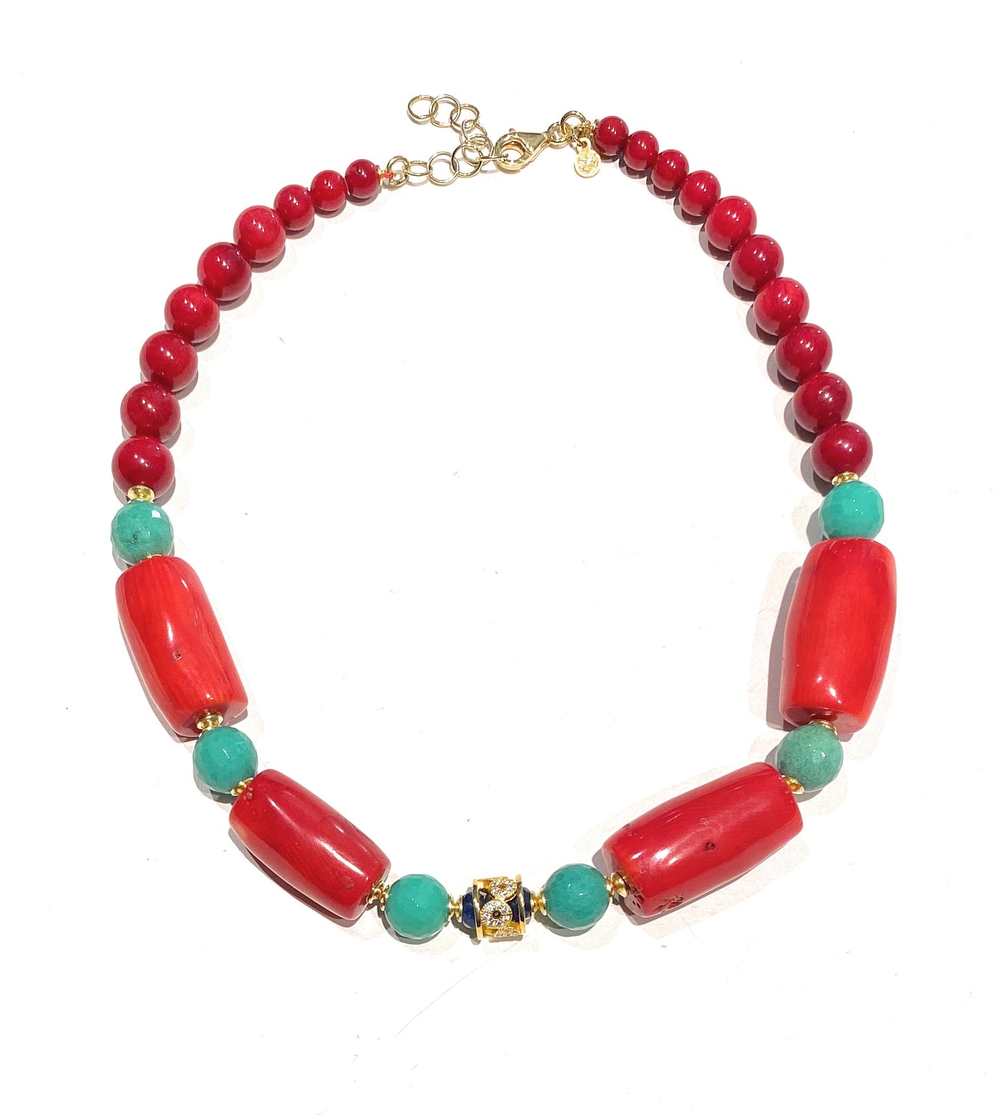 Collana tipo choker con corallo rosso bamboo agata verde e argento sterling