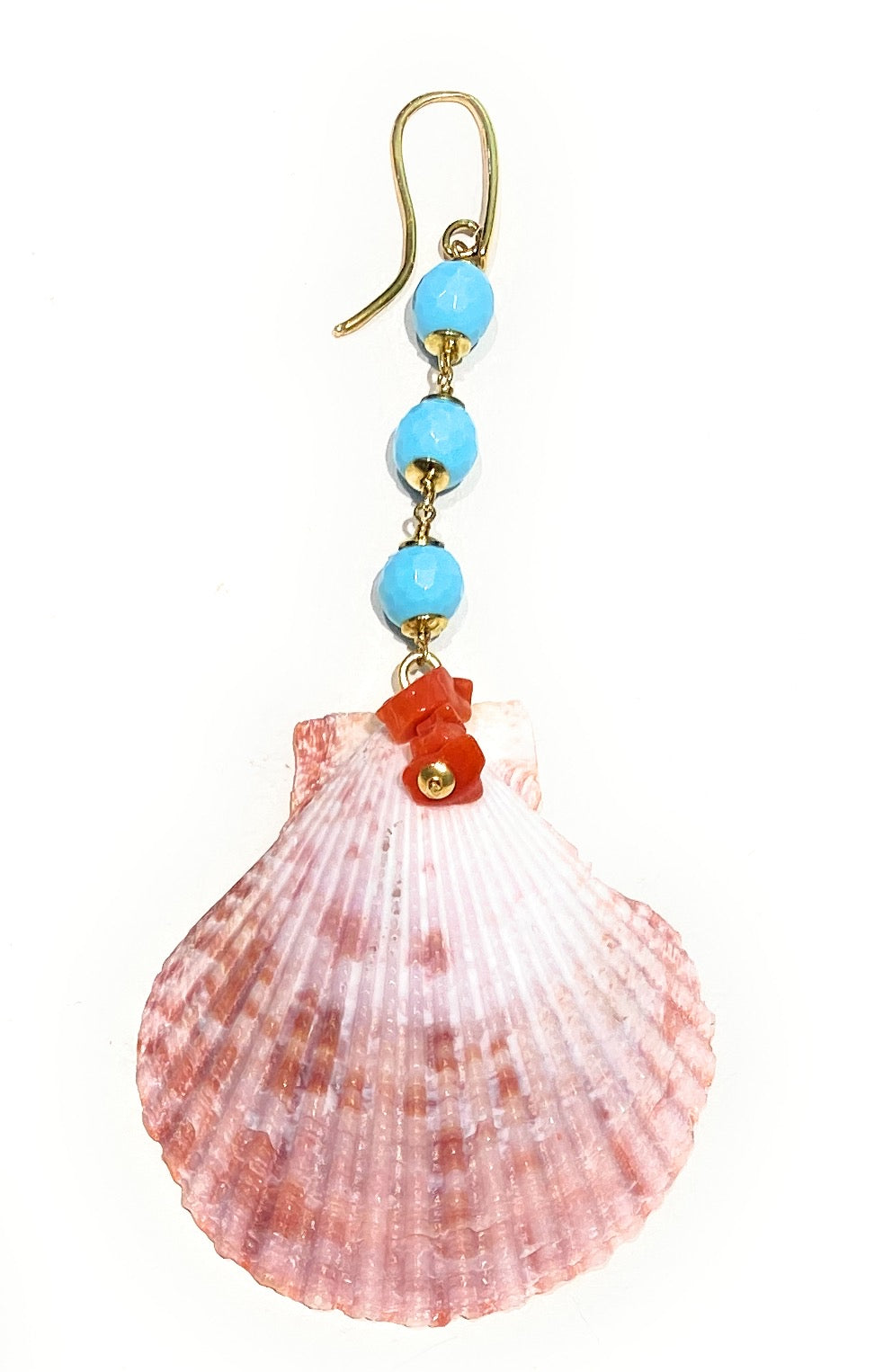 Monorecchino pasta turchese, corallo rosso italiano e conchiglia in argento sterling giallo