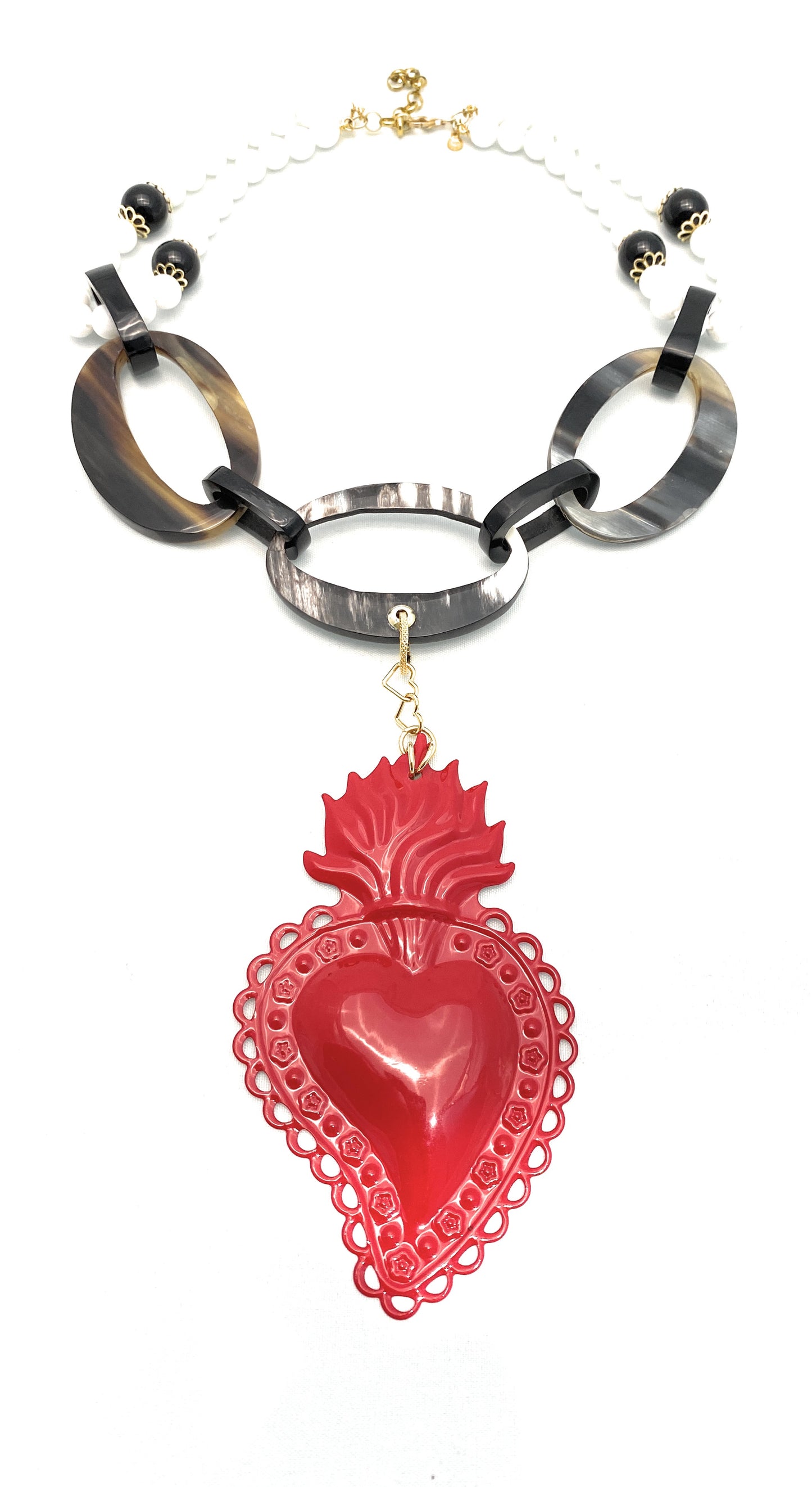 Collana con corno bufalo nero e onice con agata bianca in argento sterling