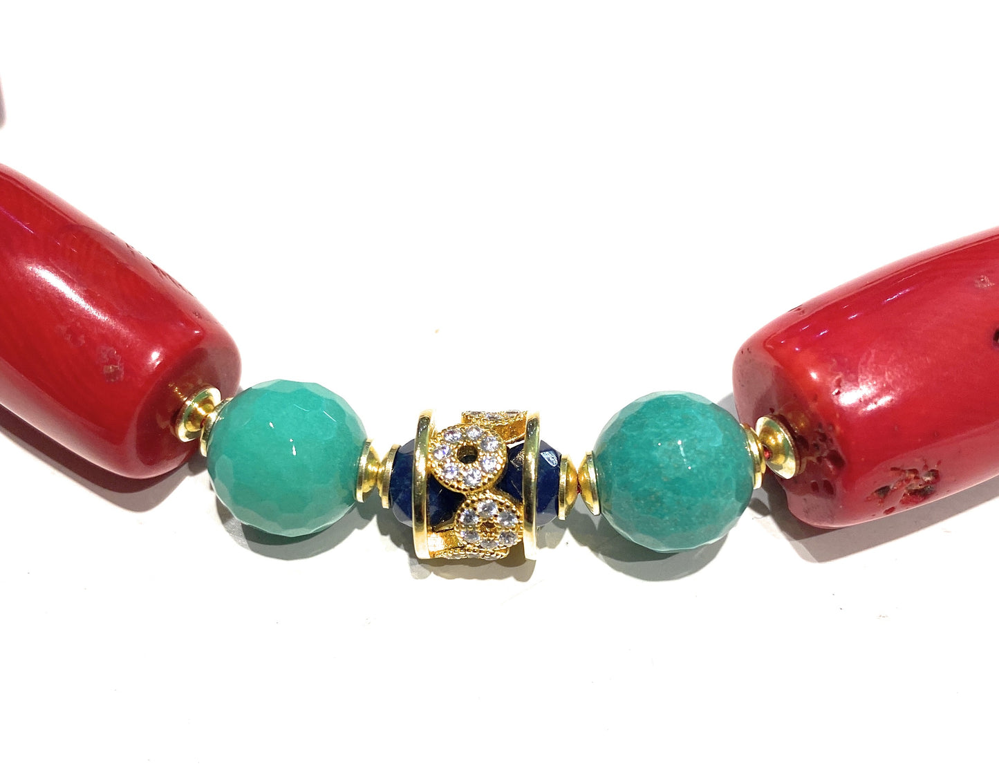 Collana tipo choker con corallo rosso bamboo agata verde e argento sterling