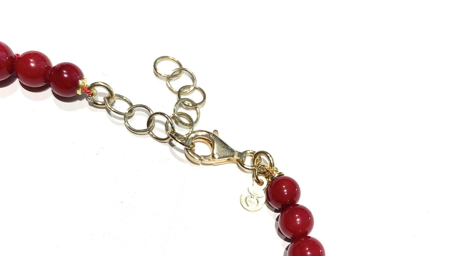 Collana tipo choker con corallo rosso bamboo agata verde e argento sterling