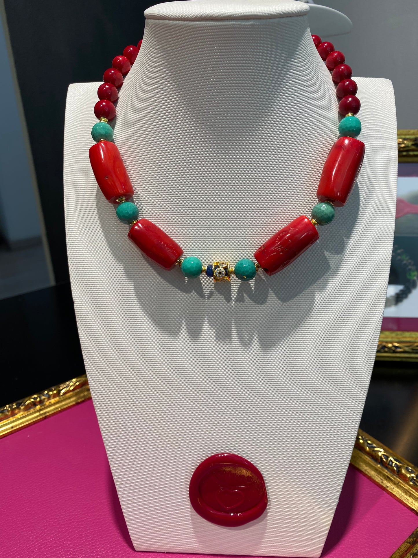 Collana tipo choker con corallo rosso bamboo agata verde e argento sterling