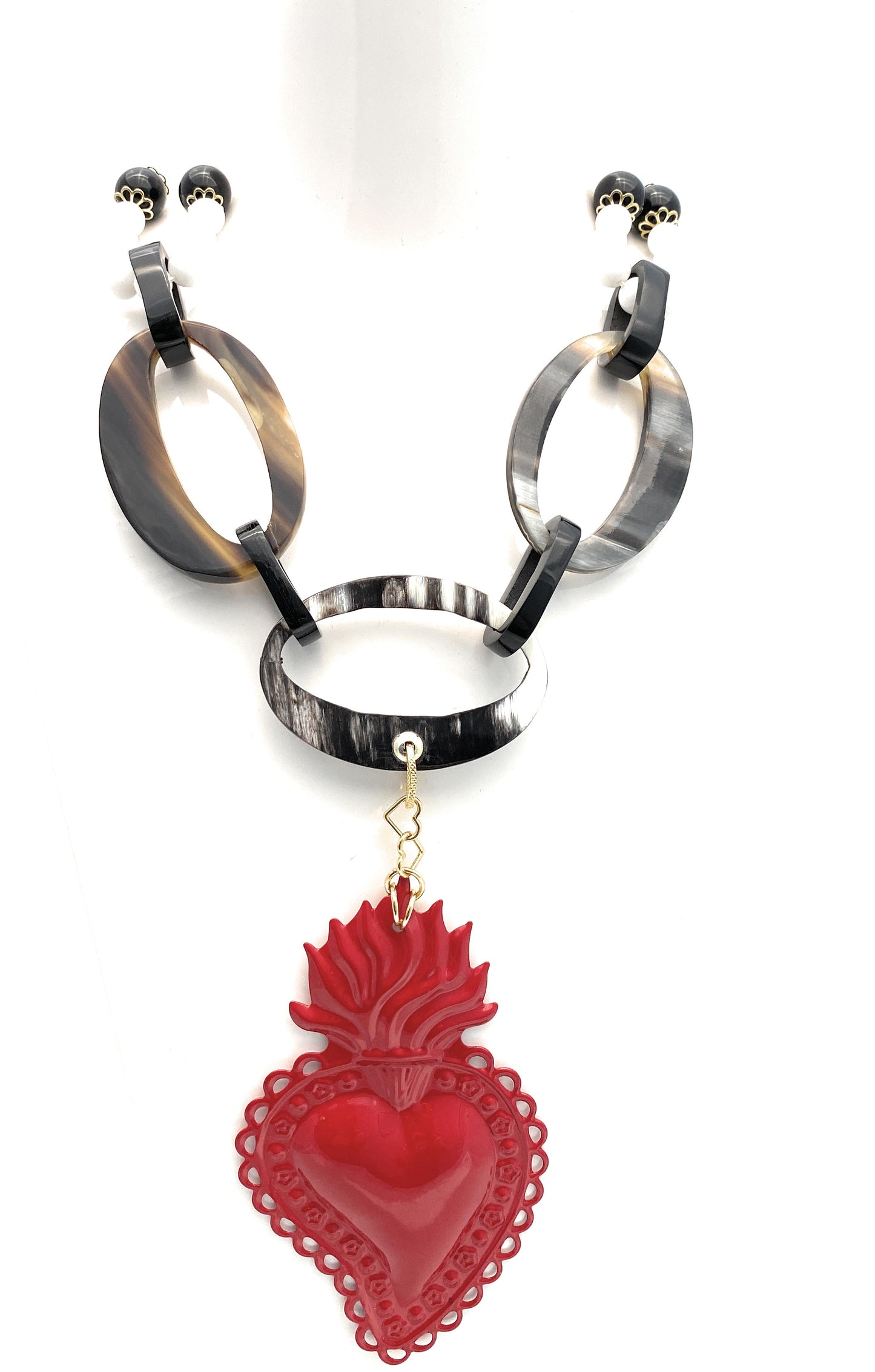 Collana con corno bufalo nero e onice con agata bianca in argento sterling