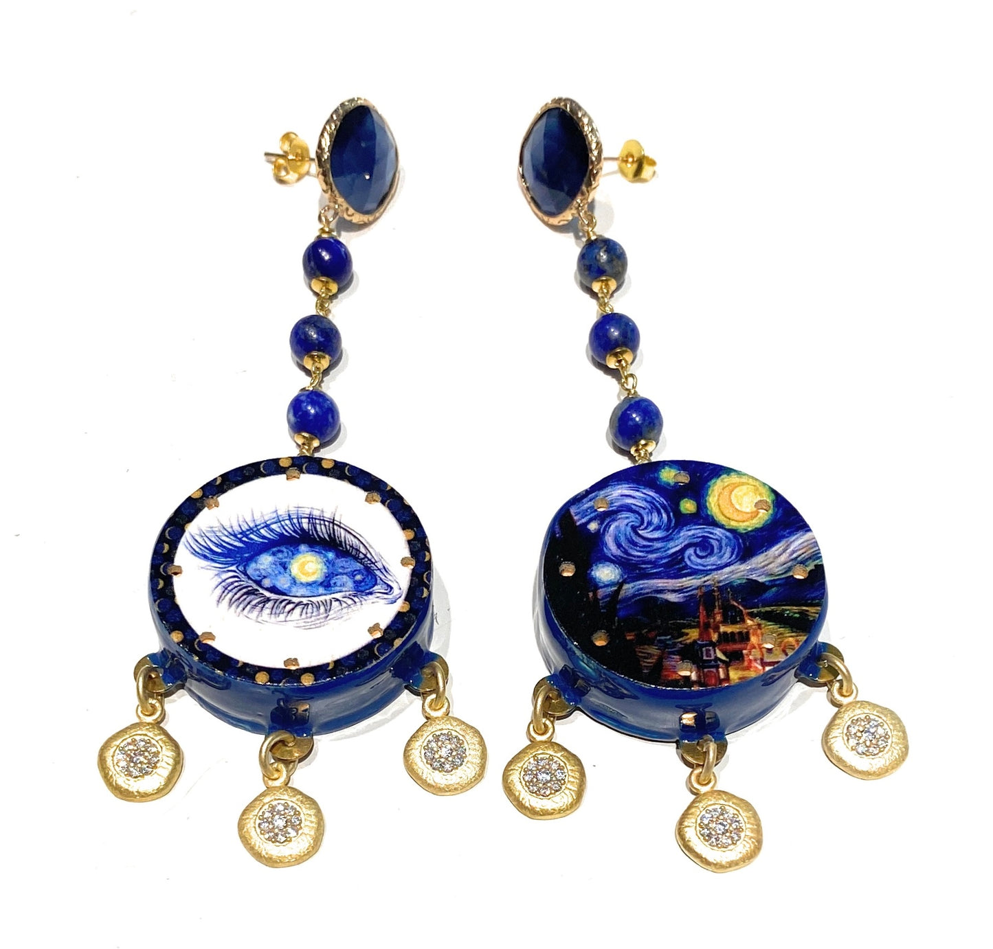 Orecchini tamburello smalto blu charms bollatine argento sterling e zirconi