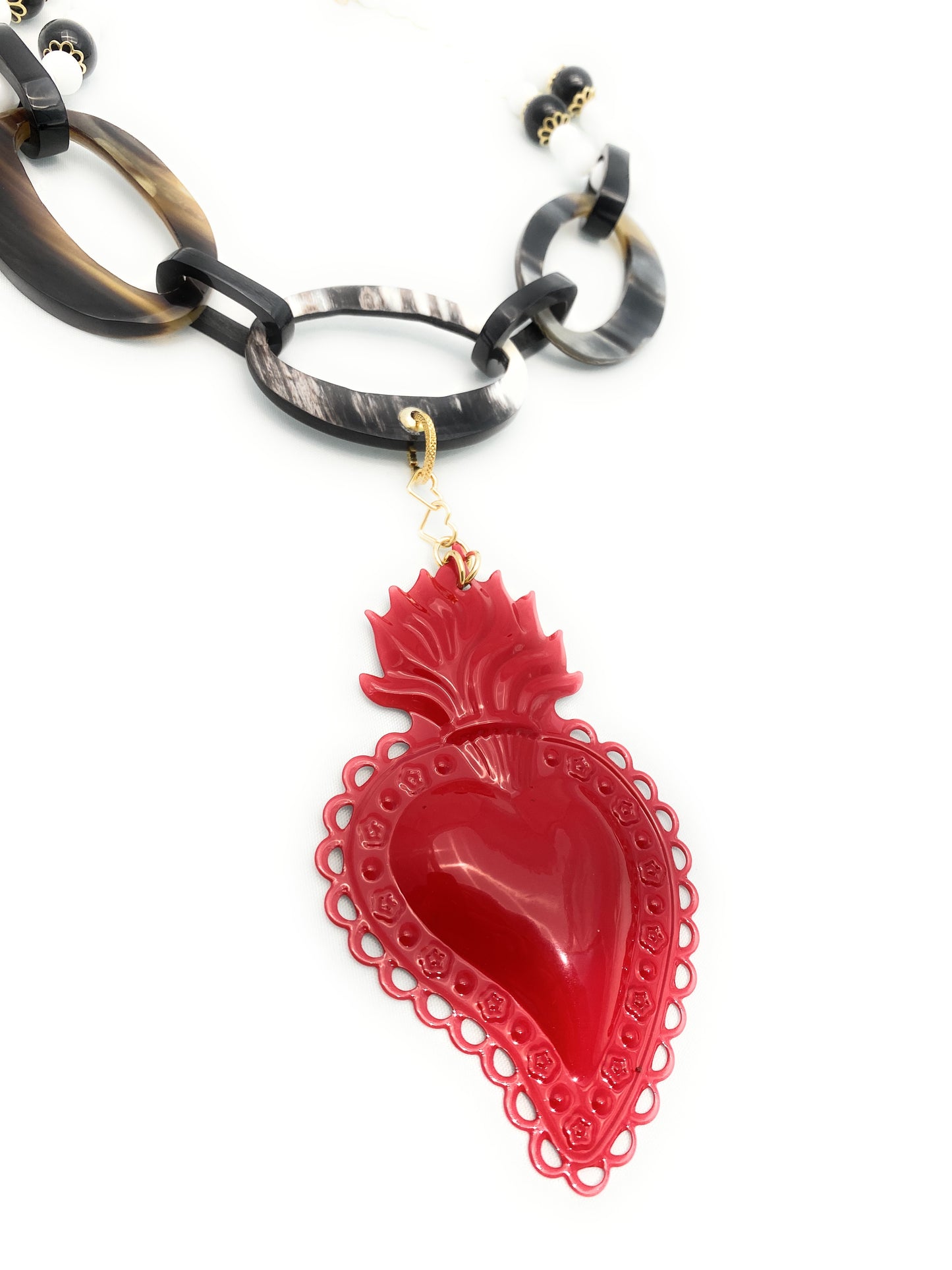 Collana con corno bufalo nero e onice con agata bianca in argento sterling