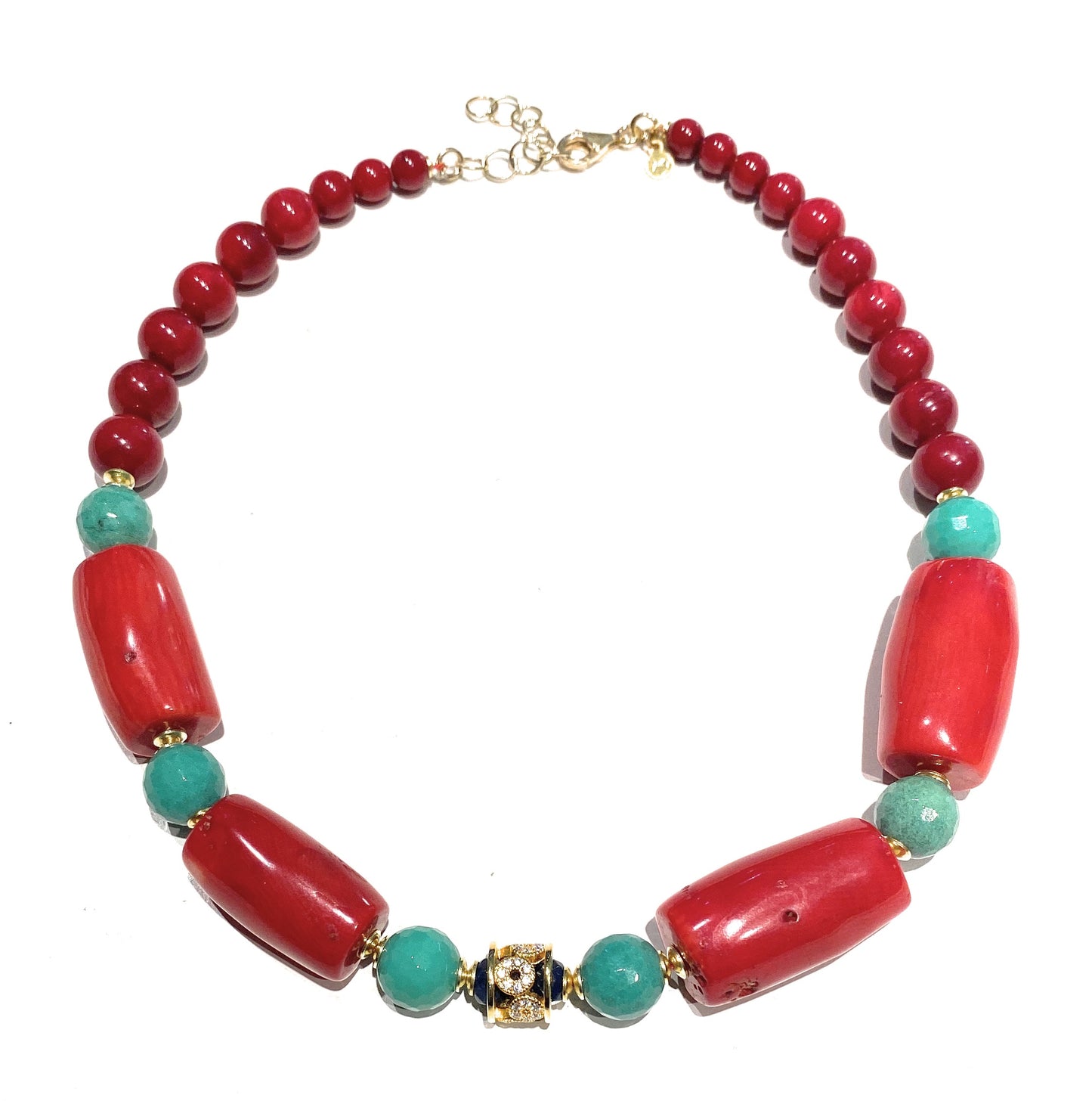 Collana tipo choker con corallo rosso bamboo agata verde e argento sterling