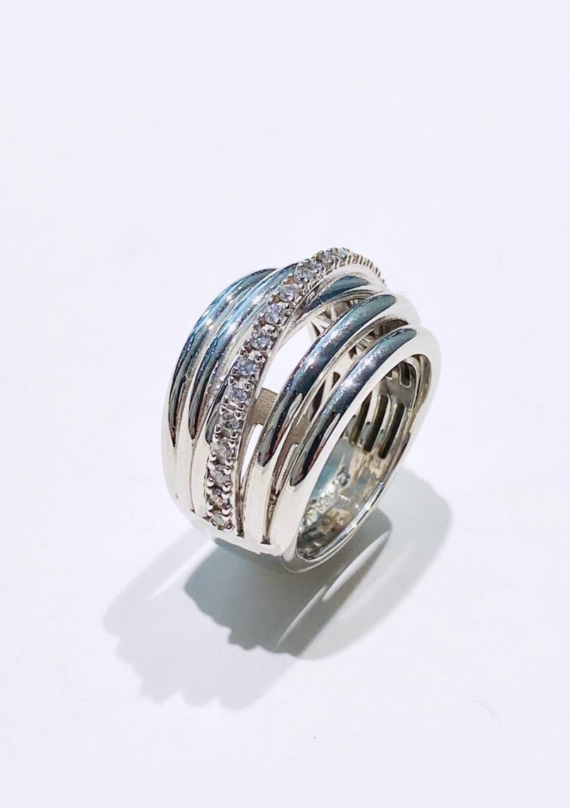 Anello fascia rodio bianco e zirconi