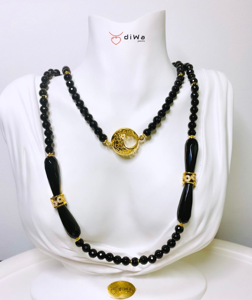 Collana onice nero sfaccettato e briolette in argento sterling 925 placcato oro giallo
