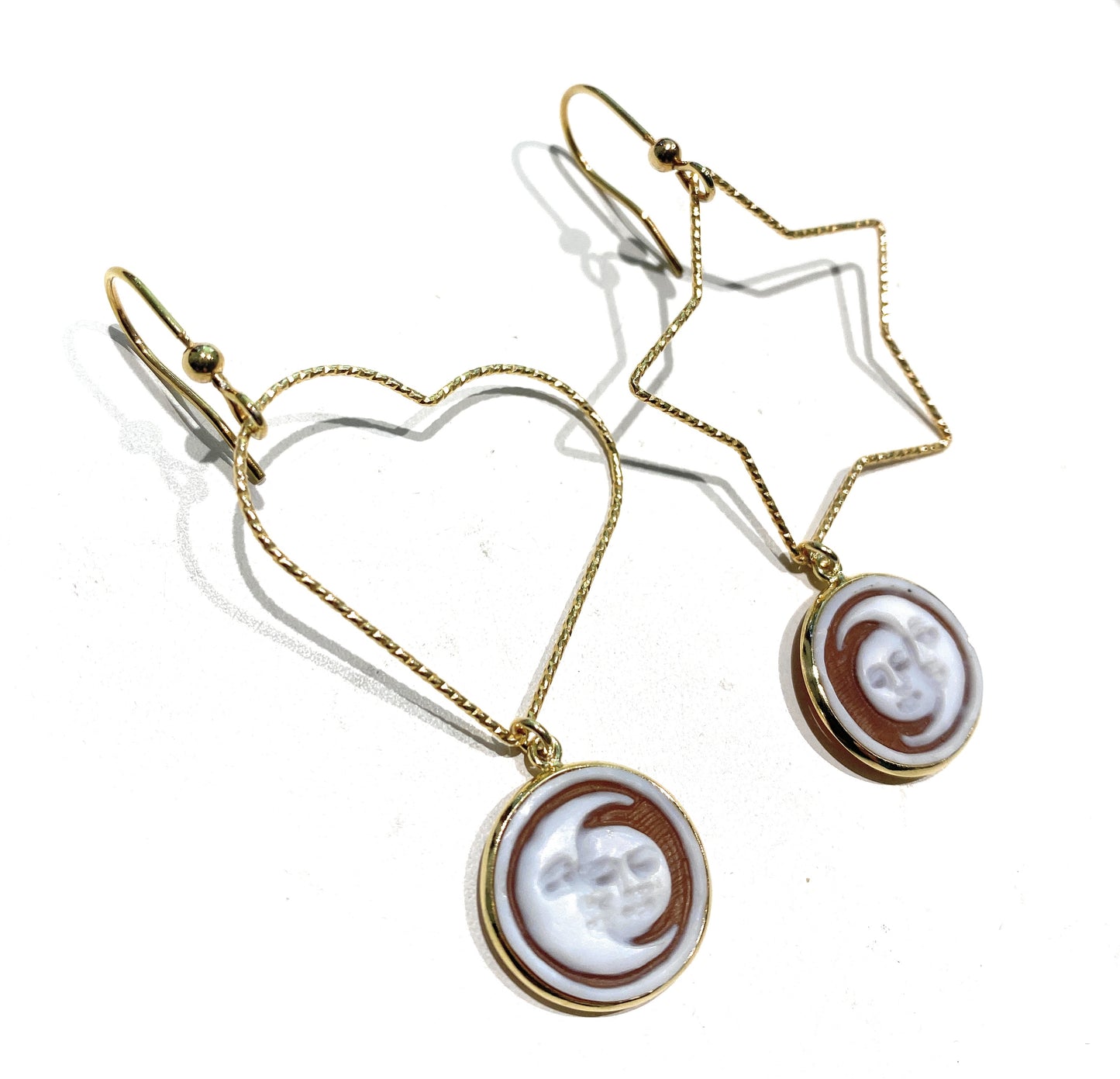 Orecchini cuore e stella con camei in argento sterling