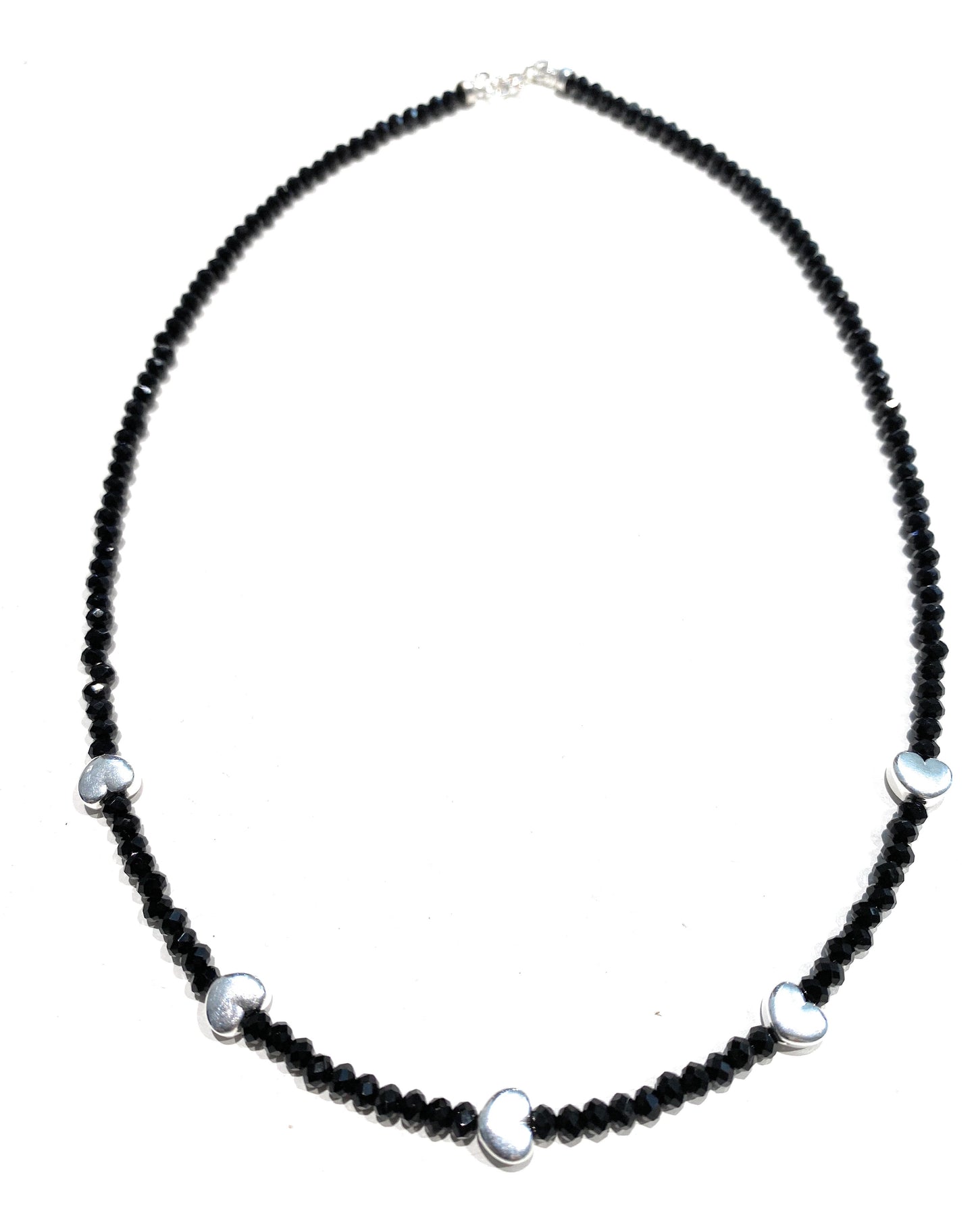 Collarino choker con spinelli neri e cuori in argento 925 rodio bianco