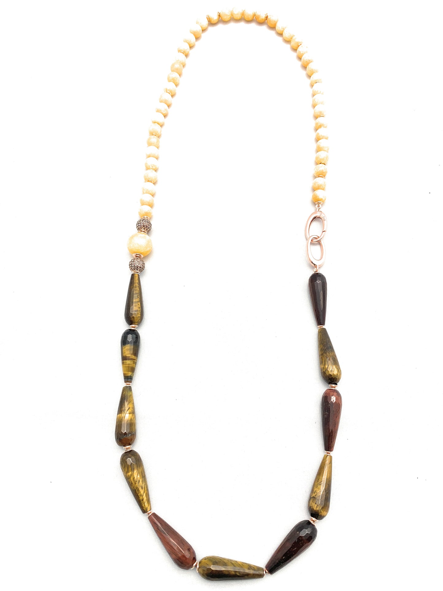 Collana giada gialla occhio di tigre marrone/giallo gocce argento sterling placcato oro giallo