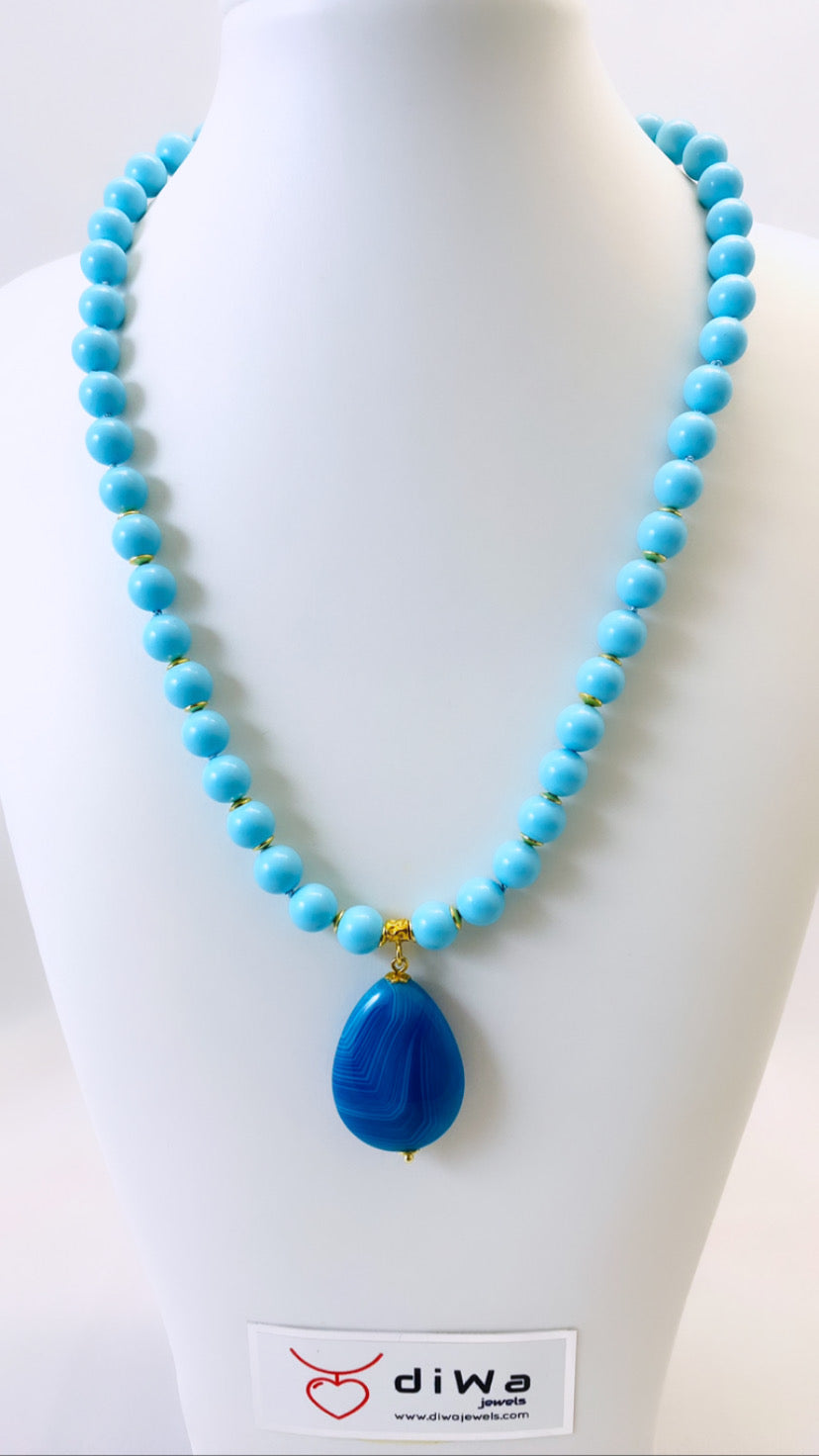 Collana pasta di turchese argento sterling e pendente a goccia agata azzurra striata