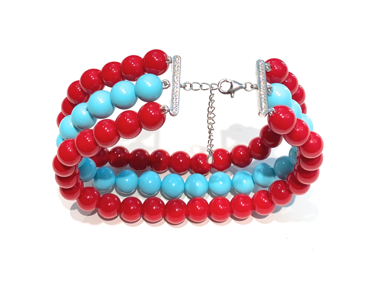 Bracciale diWa Jewels a tre fili Pasta Turchese e Conchiglia Rossa in Argento Sterling 925 Regolabile