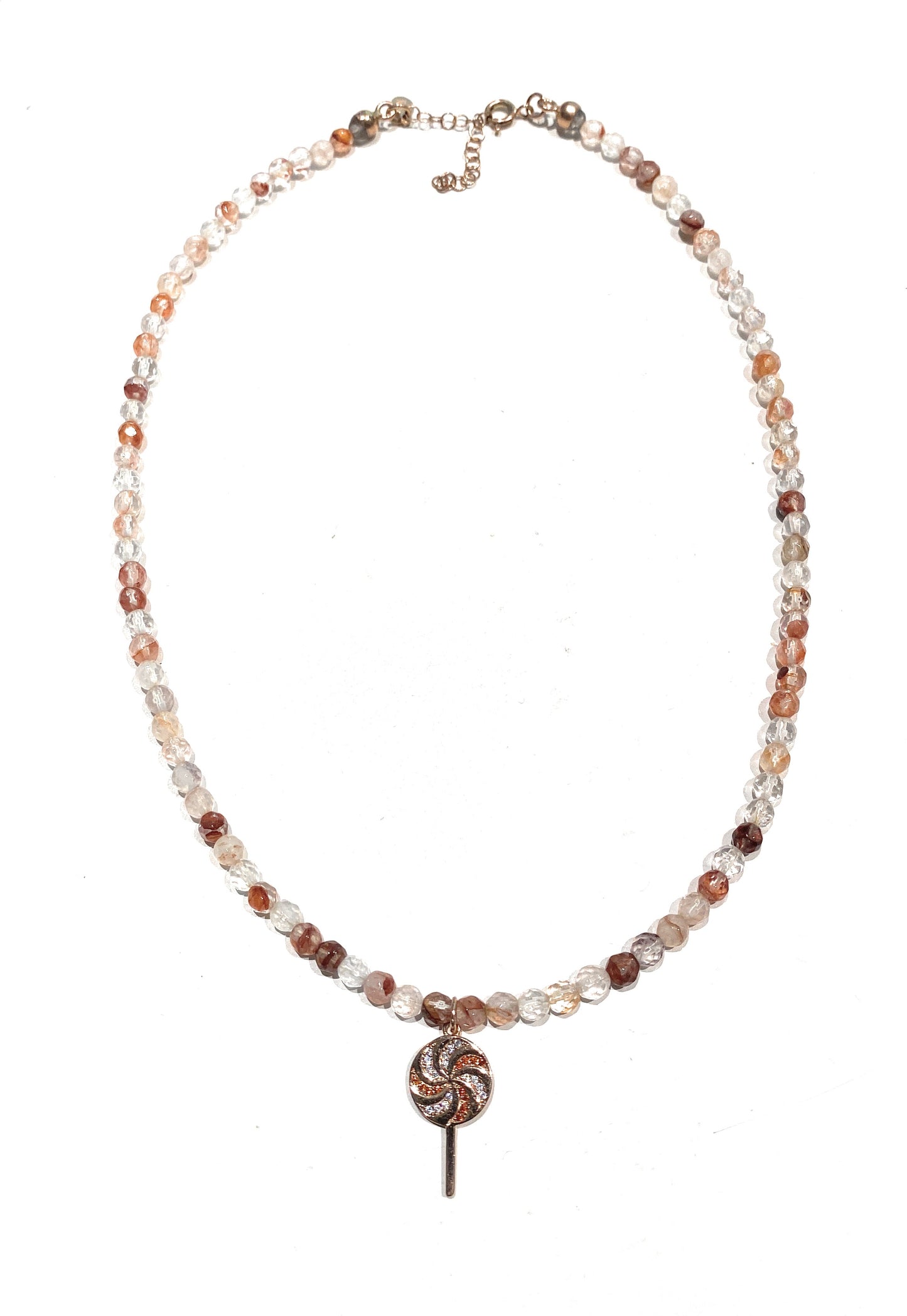 Collana in quarzo ematoide, argento sterling e ciondolo “chupa chupa” galvanica rosé