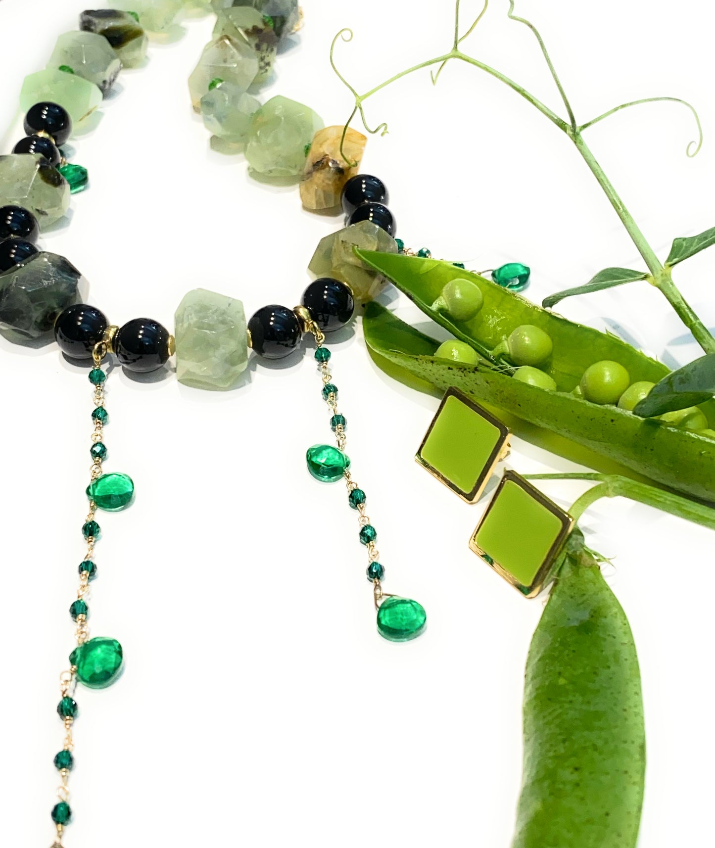 Collana diWa Jewels choker con frange in onice e prenite in argento sterling galvanica gialla
