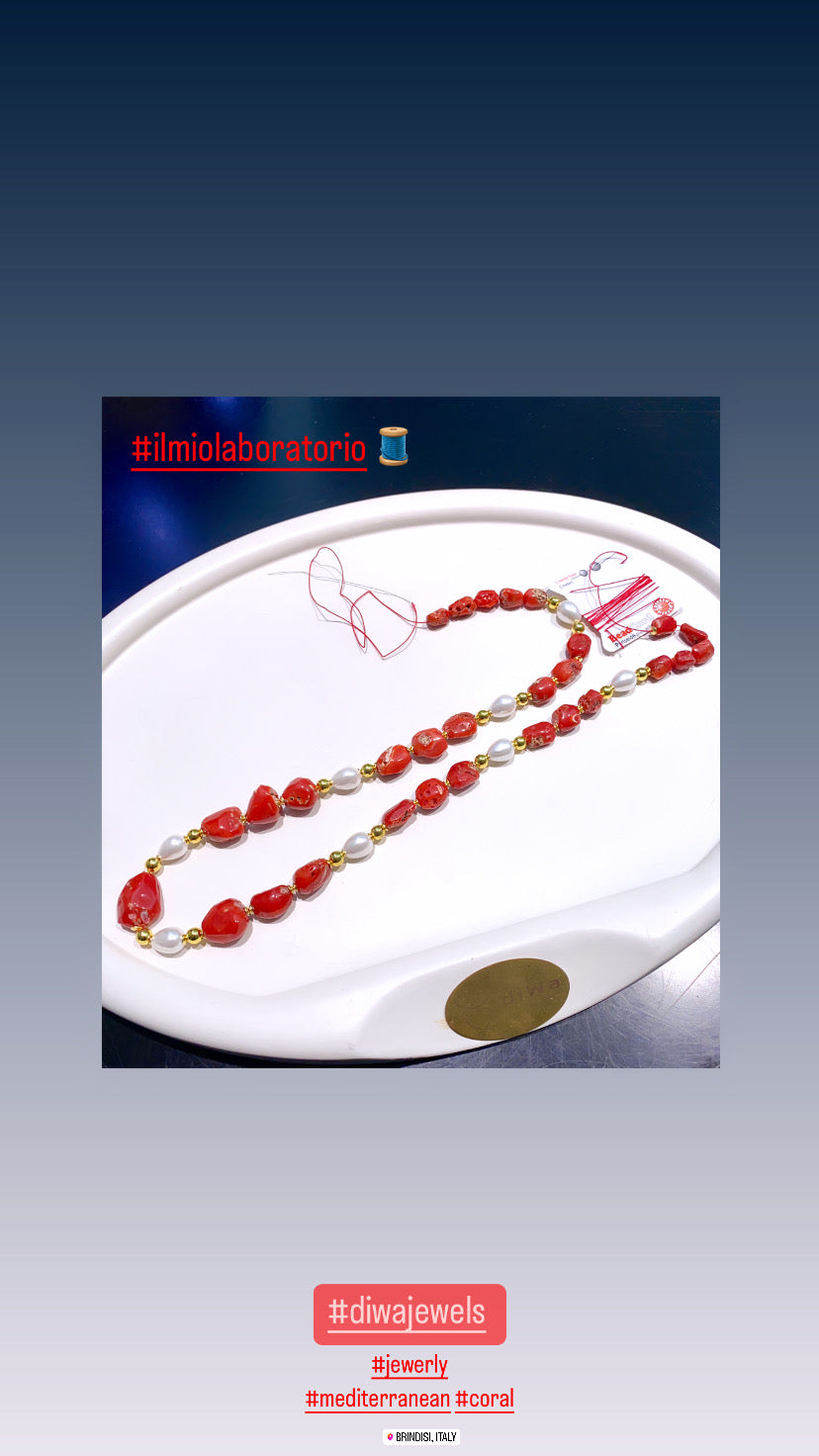 Collana corallo naturale perle fresh water ematite argento sterling placcato oro giallo