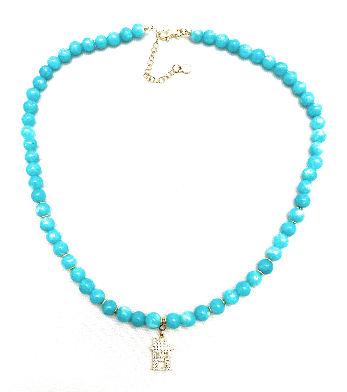 Collana in argento sterling e giada turchese liscia tonda pendente “home”