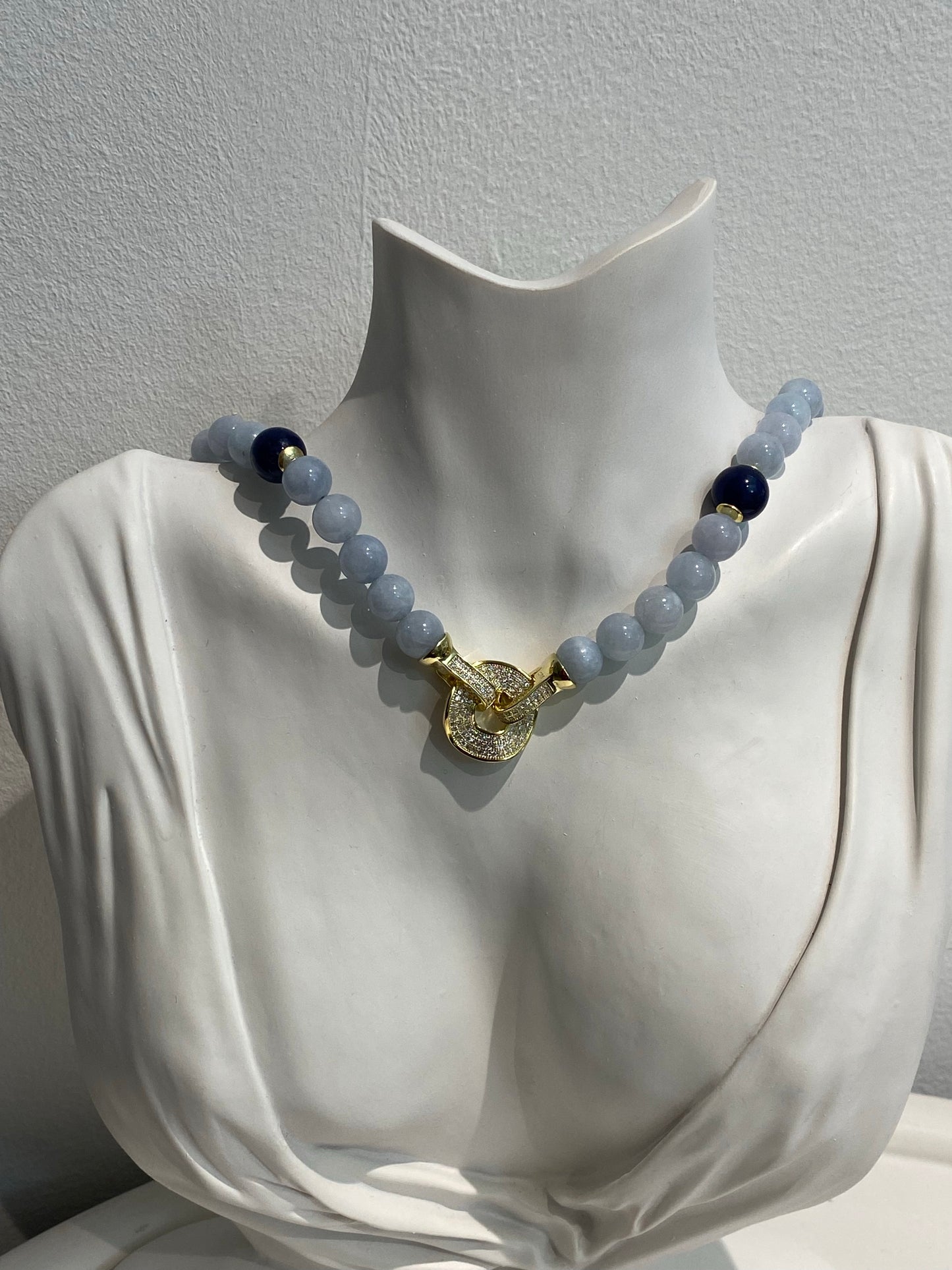Collana Giada Acquamarina e Zaffiro in Argento Sterling Preziosa Chiusura con Zirconi Pezzo Unico
