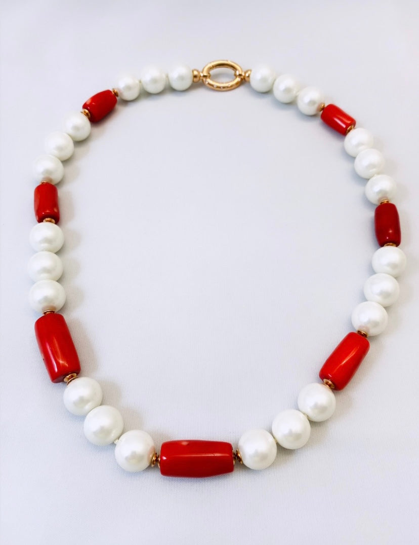 Collana perle shell e corallo bamboo in argento sterling