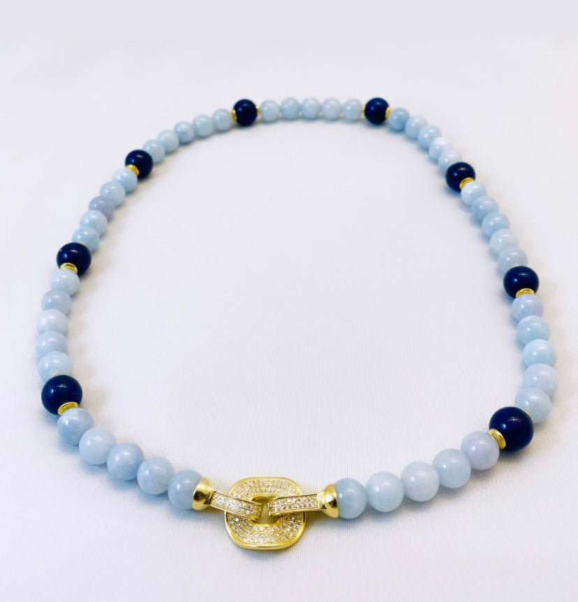 Collana Giada Acquamarina e Zaffiro in Argento Sterling Preziosa Chiusura con Zirconi Pezzo Unico