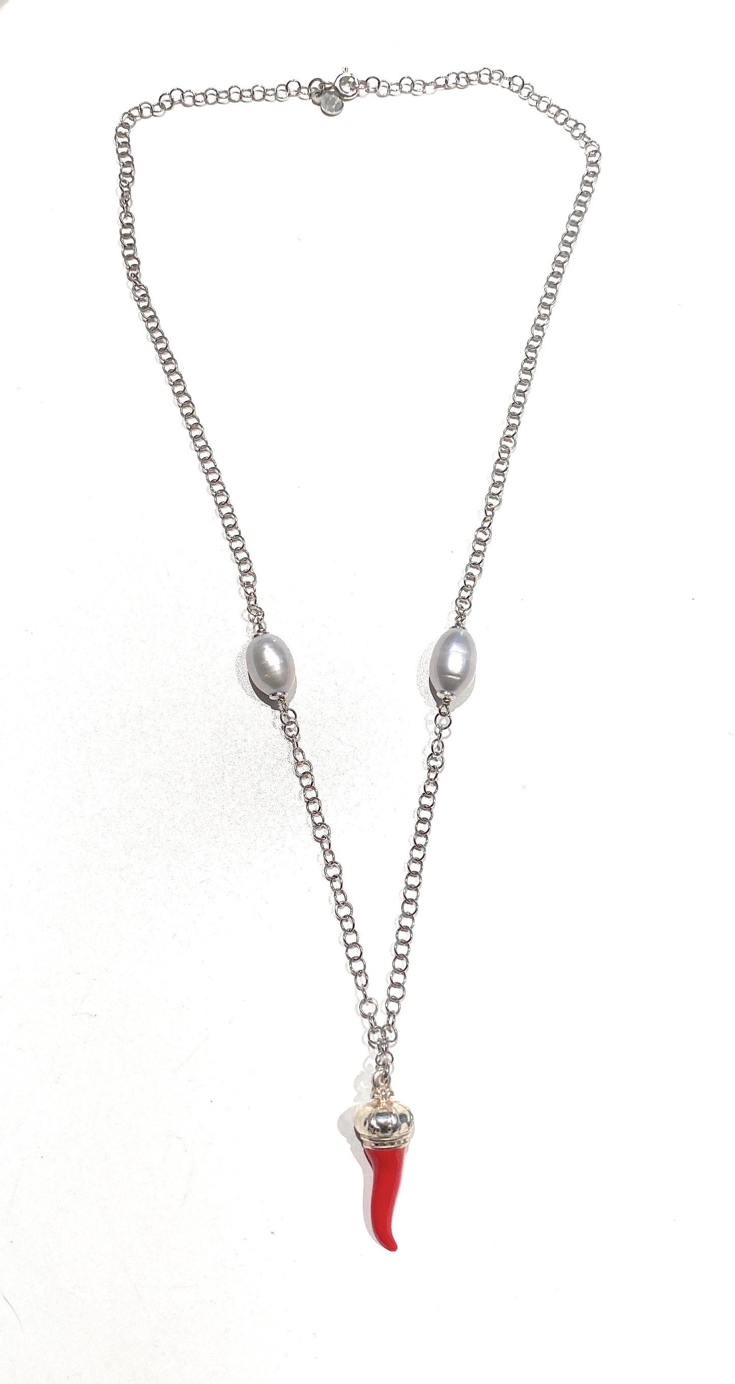 Collana cornetto smalto con perle grigie e argento sterling