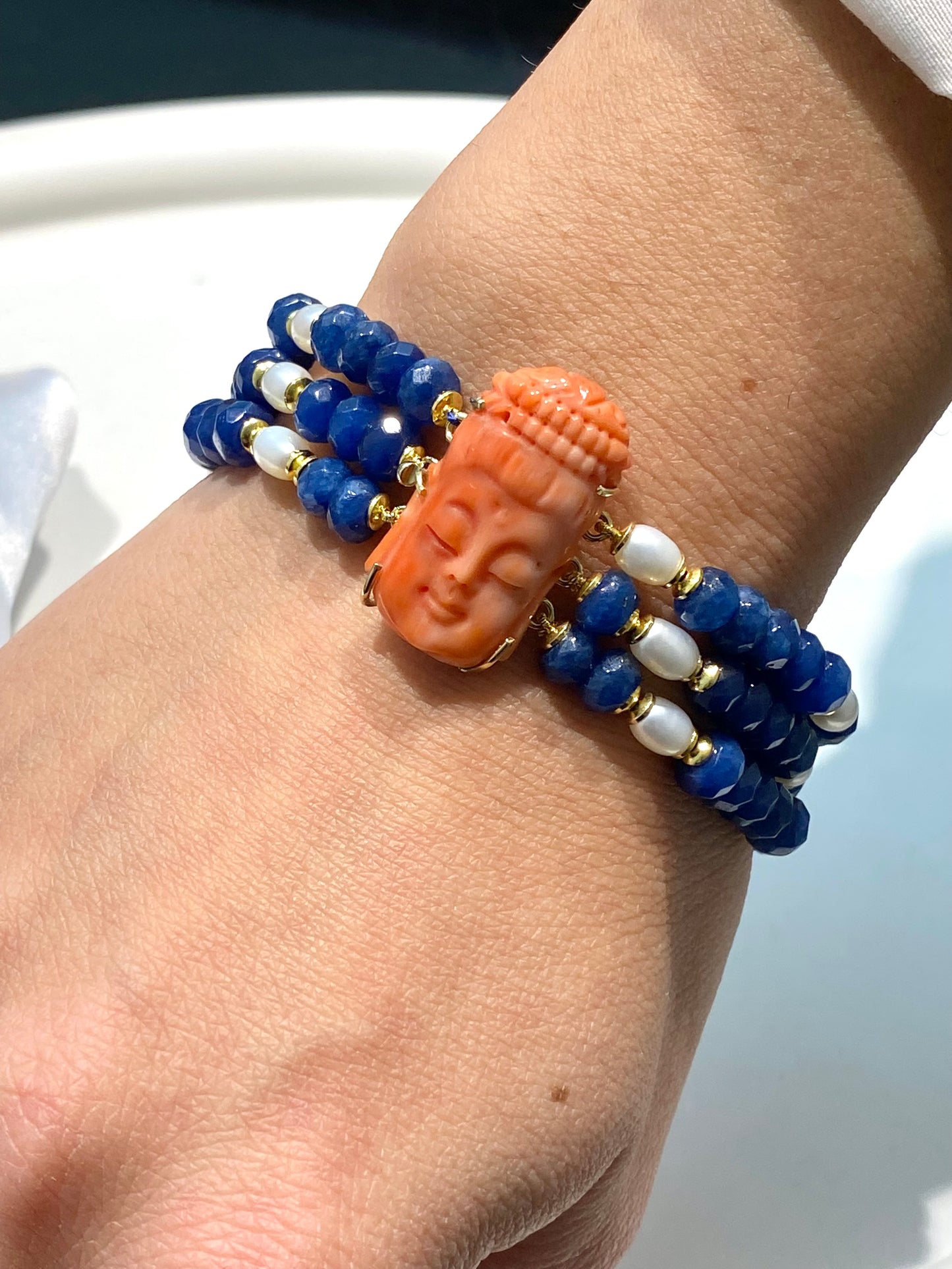 Bracciale diWa Jewels con Corallo e Oro giallo 18 kt Giada Zaffiro rondelle e Perle Fresh water