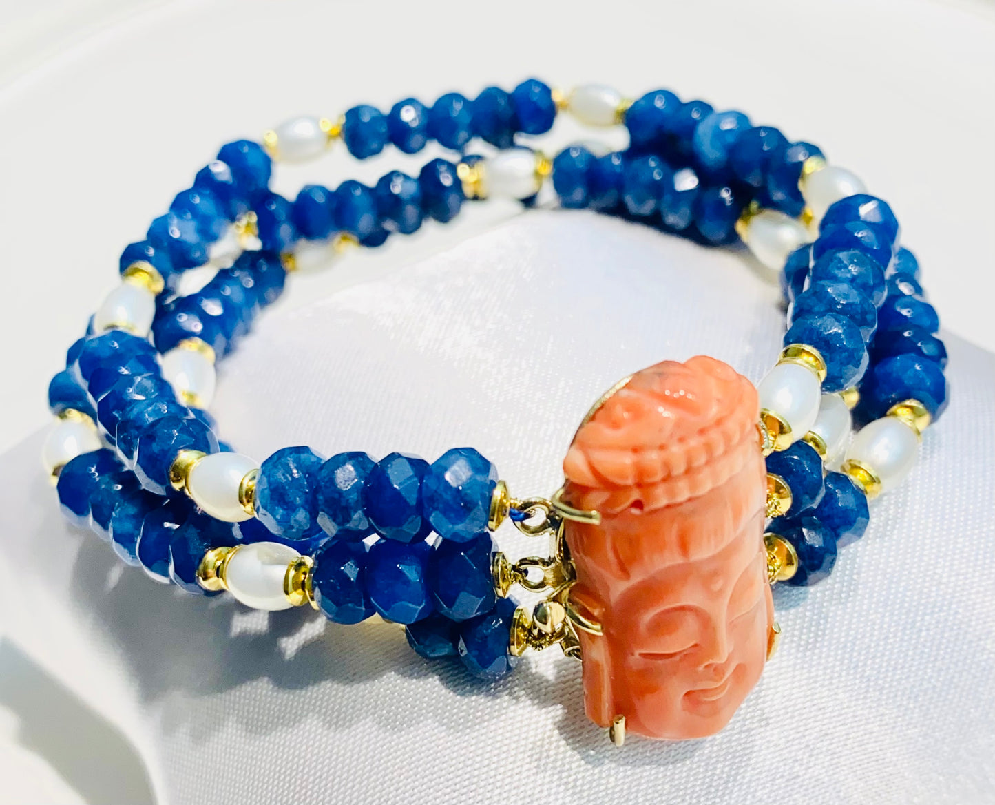 Bracciale diWa Jewels con Corallo e Oro giallo 18 kt Giada Zaffiro rondelle e Perle Fresh water