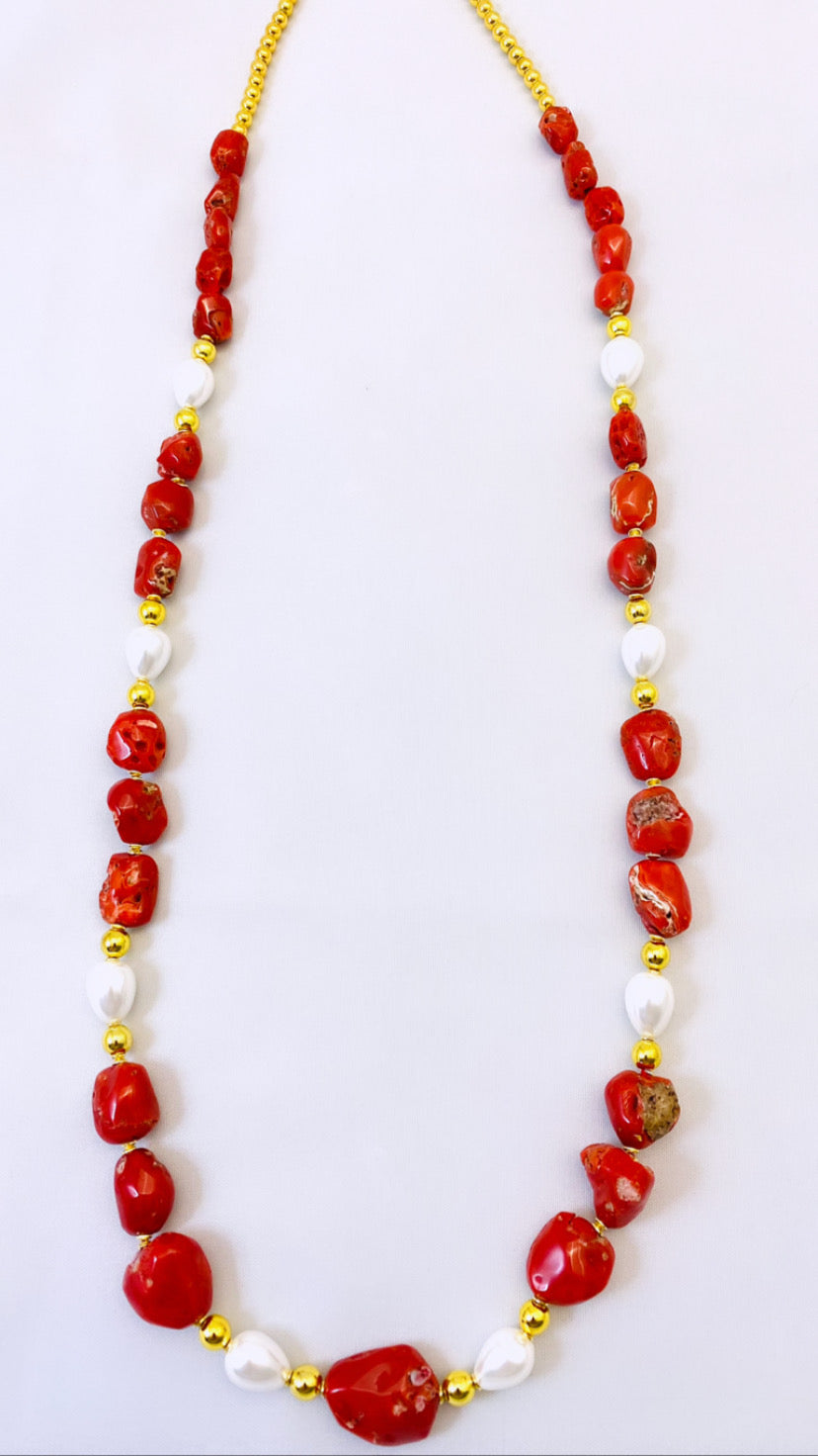 Collana corallo naturale perle fresh water ematite argento sterling placcato oro giallo