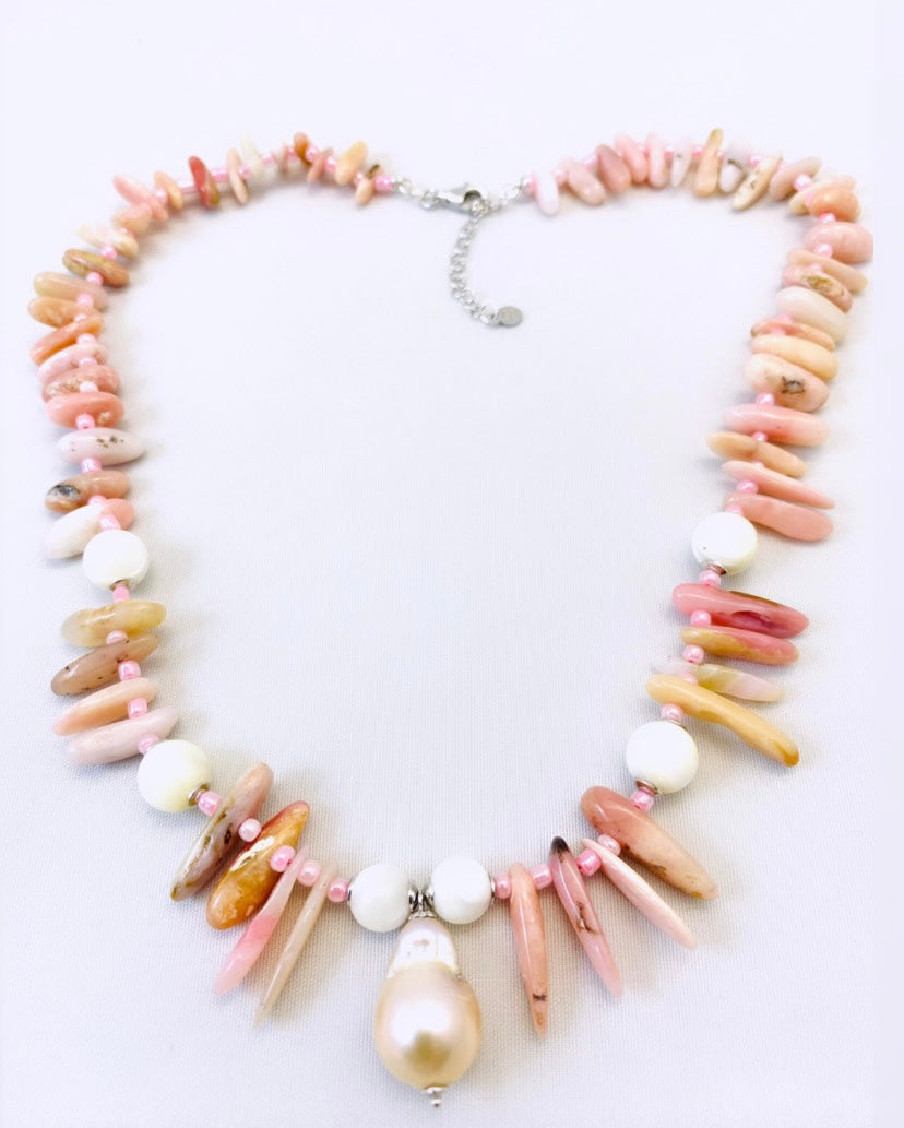 Collana choker opale rosa madreperla centrale perla barocca fresh water argento sterling