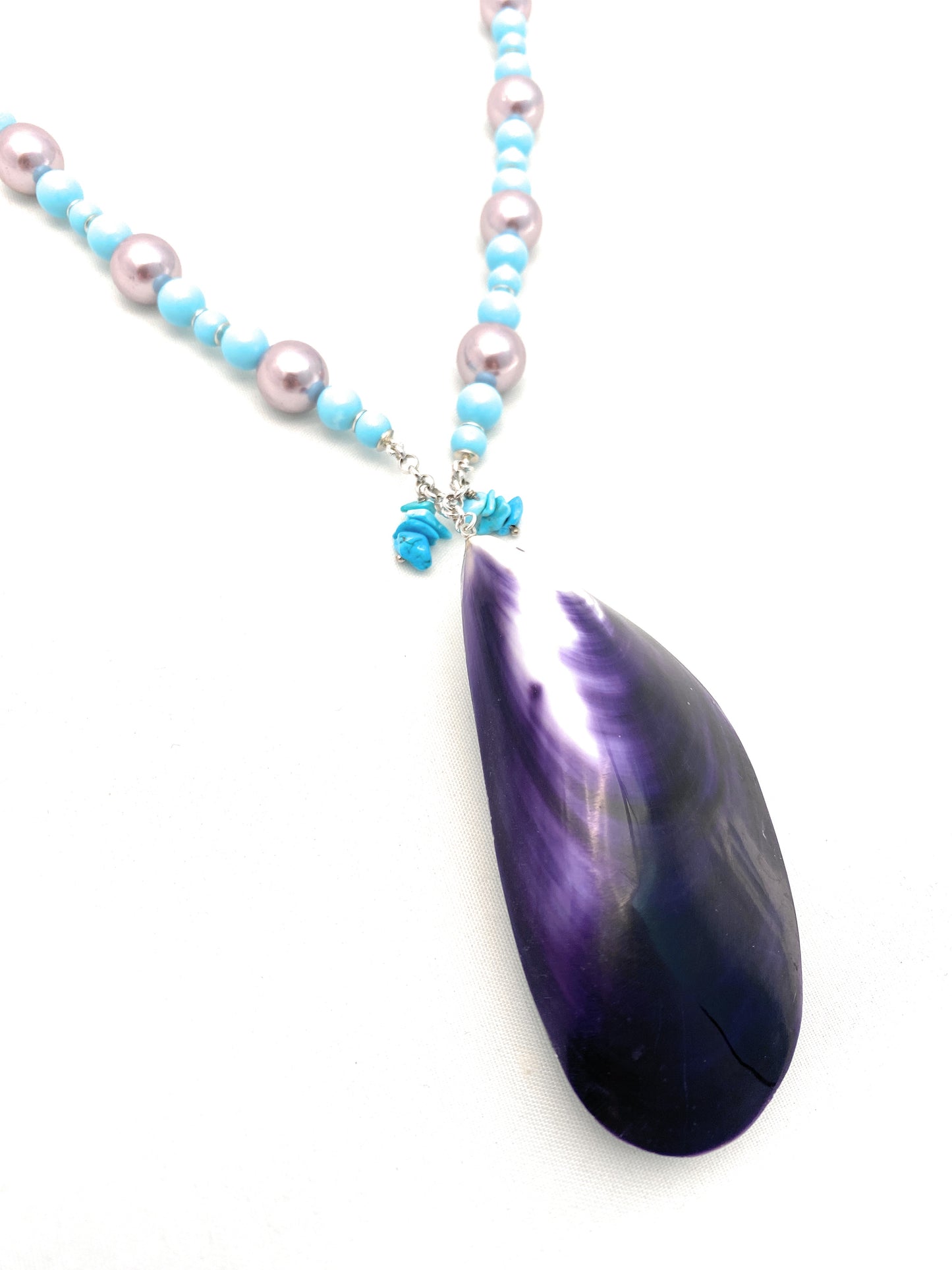 Collana argento sterling perle pasta turchese pendente argento ovale cristallo fumé rodio bianco