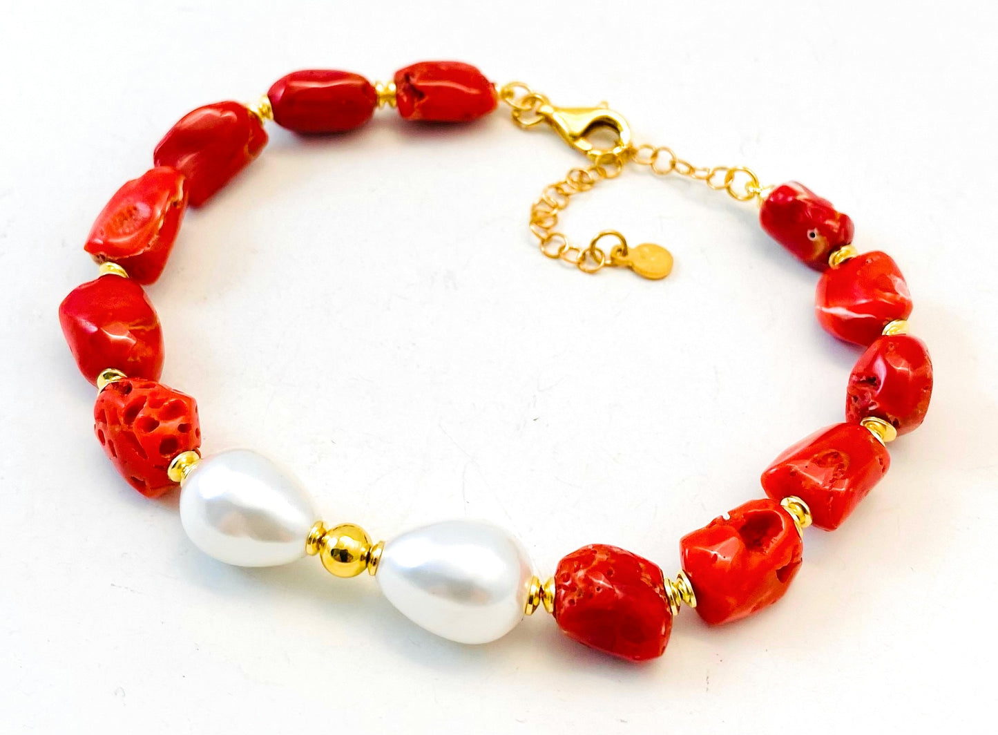 Collana corallo naturale perle fresh water ematite argento sterling placcato oro giallo