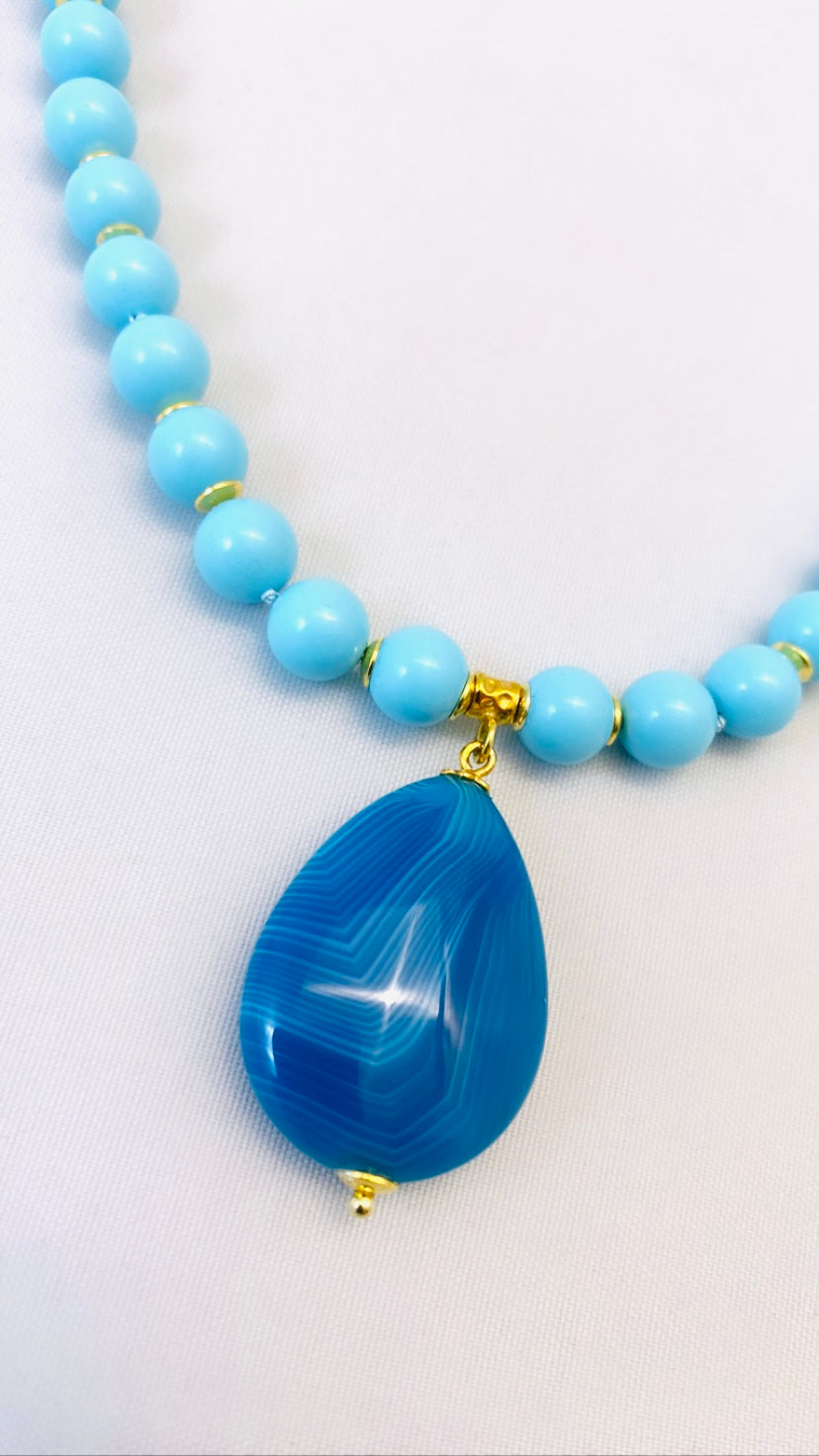 Collana pasta di turchese argento sterling e pendente a goccia agata azzurra striata