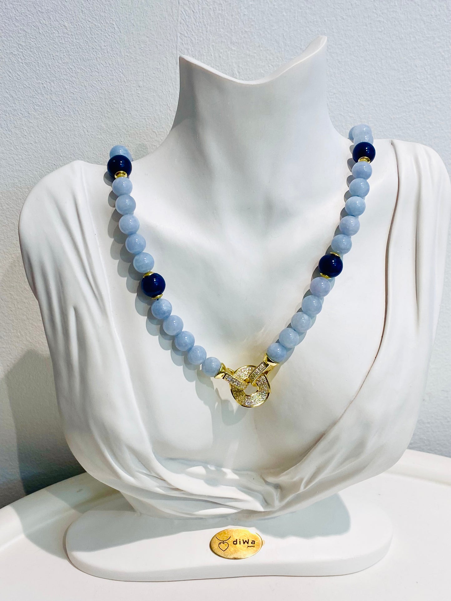 Collana Giada Acquamarina e Zaffiro in Argento Sterling Preziosa Chiusura con Zirconi Pezzo Unico