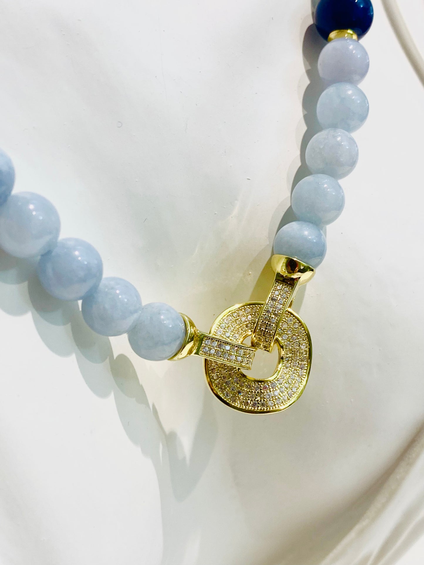 Collana Giada Acquamarina e Zaffiro in Argento Sterling Preziosa Chiusura con Zirconi Pezzo Unico