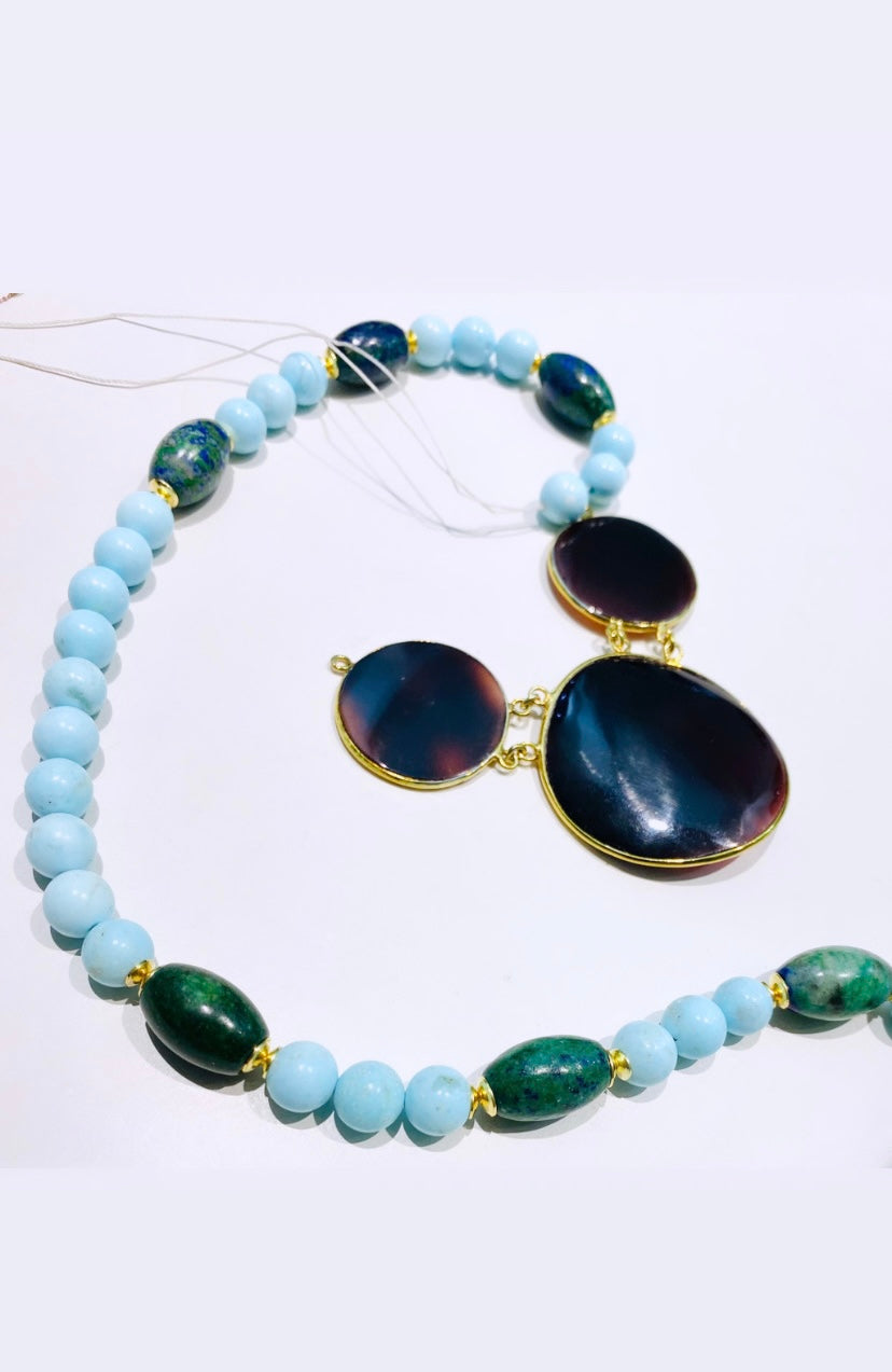 Collana turchese e lapislazzuli e centrale in osso argento sterling