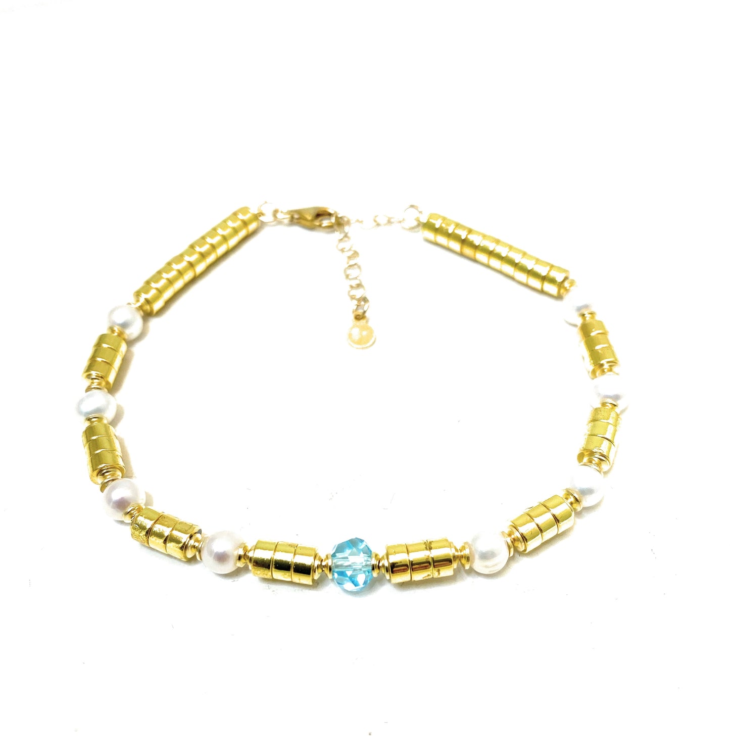 Bracciale diWa Jewels Ematite e Perle Freshwater in Argento Sterling Cristalli Azzurri Regolabile